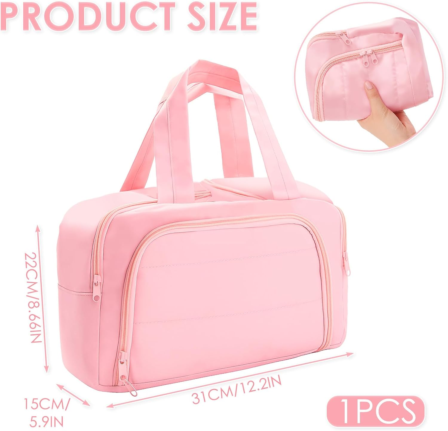 Teccfly Travel Toiletry Bag,Puff Large Capacity Cosmetic Bag,Makeup Bag with Handle for Women,Travel Bags with Wide Open Design for Makeup Toiletry,Accessories & Essentials,Valentine'S Day Gift(Pink) image number 5