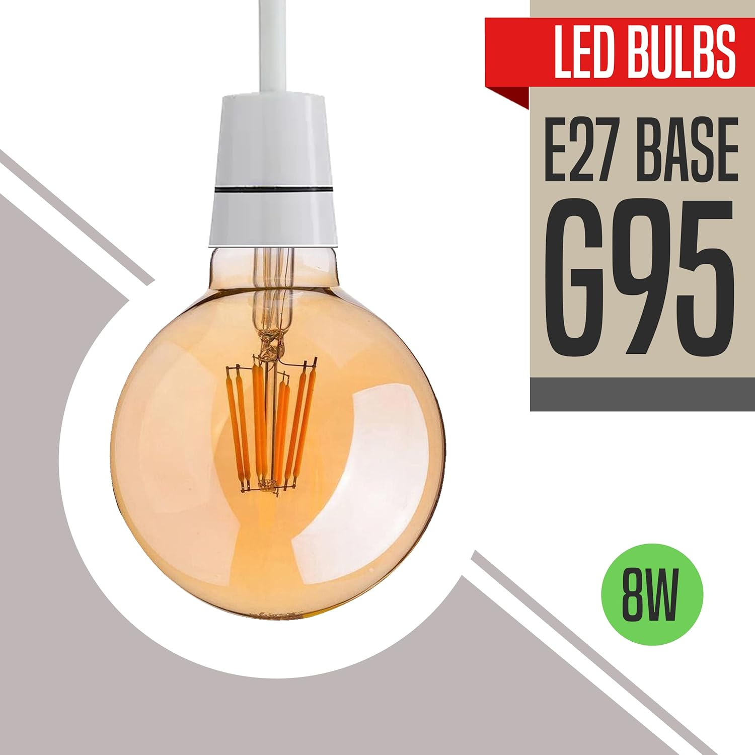 Ledsone, Vintage Light Bulb E27 Screw LED Edison Bulb 8W (60W Equilavent) G95 Edison Screw Light Bulbs,Warm White 2700K ES LED Filament Globe Bulb Antique Style Retro Amber Glass Screw Lamp,450Lm