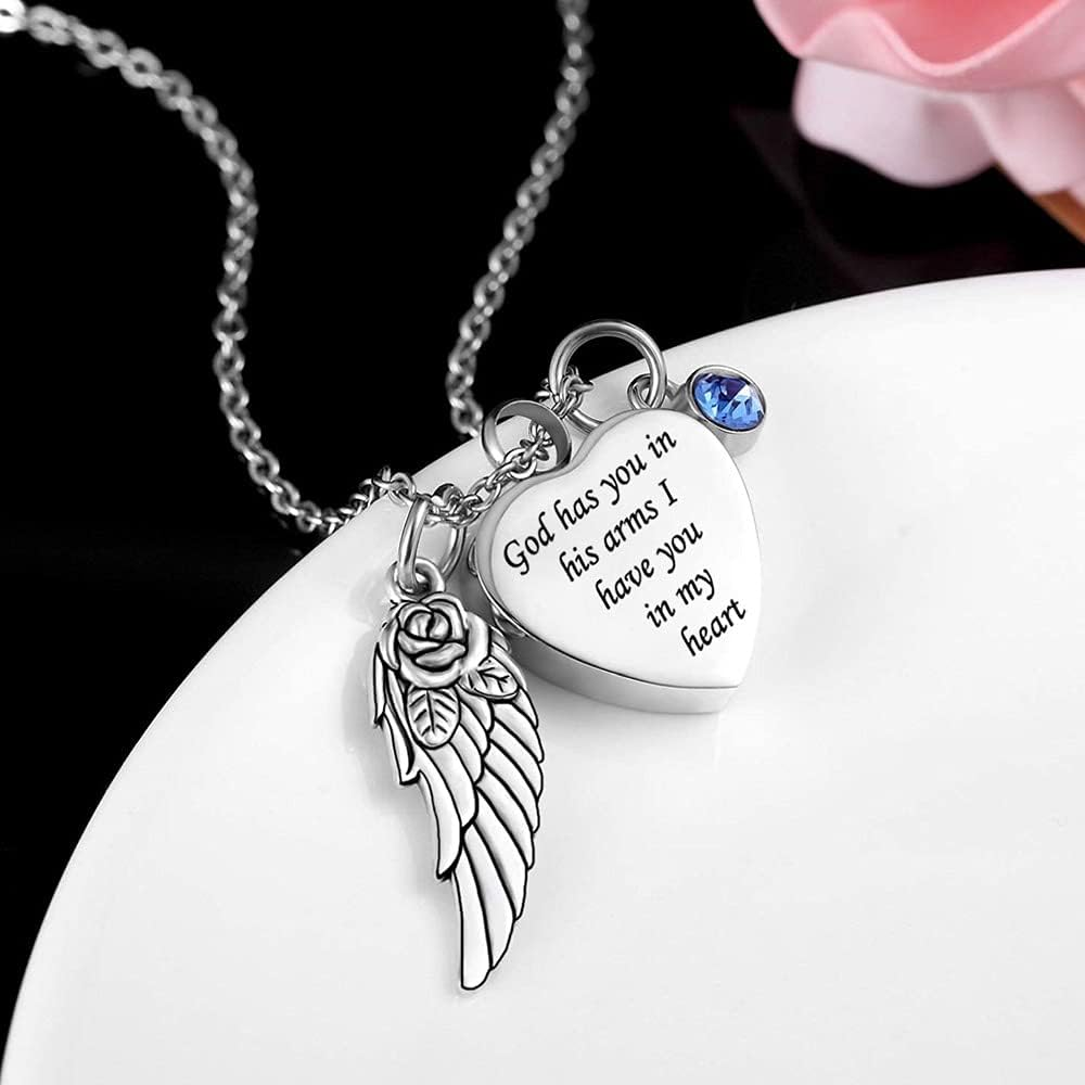 God Has You in His Arms with Angel Wing Charm Cremation Ashes Jewelry Keepsake Memorial Urn Necklace with Birthstone Crystal, 20 X 25 Mm, Metal, Zircon image number 2