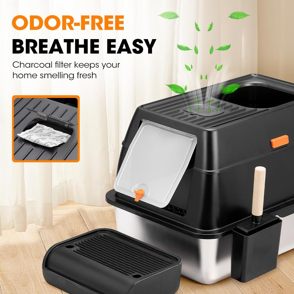 Petzly Stainless Steel Litter Box with Lid, 60 L X 40W X 40H CM XXL Cat Litter Box, Front Entry Top Exit Kitty Litter Box, Extra Large Enclosed Metal Litter Box with Litter Scoop & Litter Mat image number 4