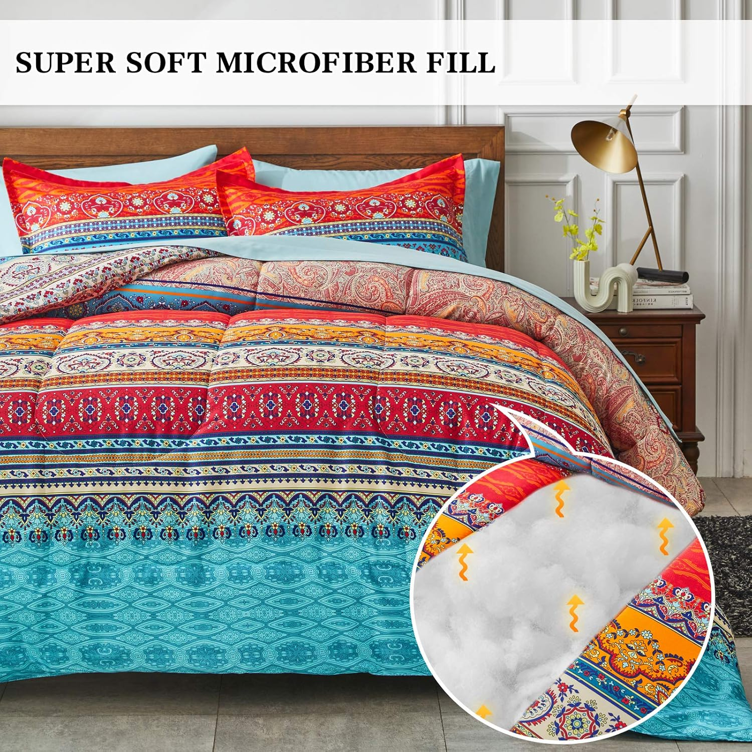 Flysheep Boho Striped Bed in a Bag 7 Pieces Queen Size, Colorful Bohemian Tribal Teal Blue Red Reversible Comforter Bed Set (1 Comforter, 1 Flat Sheet, 1 Fitted Sheet, 2 Pillow Shams, 2 Pillowcases) image number 2