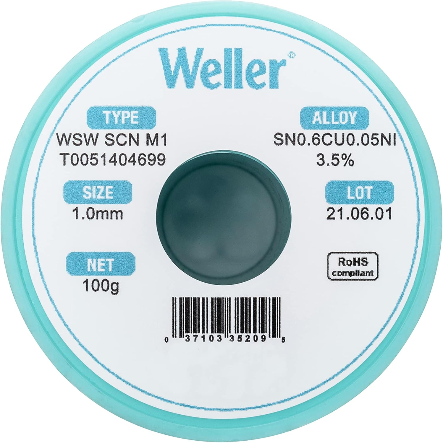 Weller WSW SCN M1 (T0051404699) Solder Wire, Dia: 1.0 Mm / 0.039 In, Wt: 100 G / 3.527 Oz, Alloy Sn99.3Cu0.6Ni0.05, Flux Content 3.5% image number 5