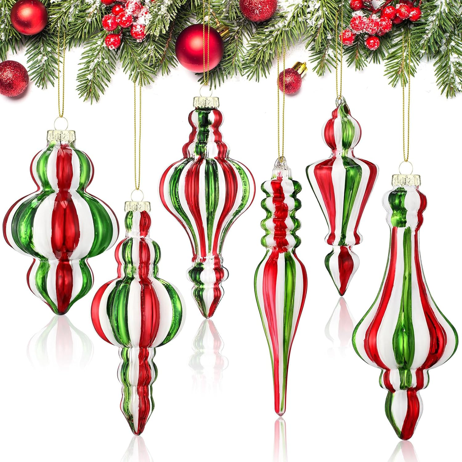 Soaoo 6 Pcs 6.3 Inch Mercury Glass Finial Christmas Ornaments Hanging Christmas Finials Glass Ornaments Assorted Mercury Decor for Xmas Tree Vintage Holiday Decoration(Red, Green,Novel) image number 7