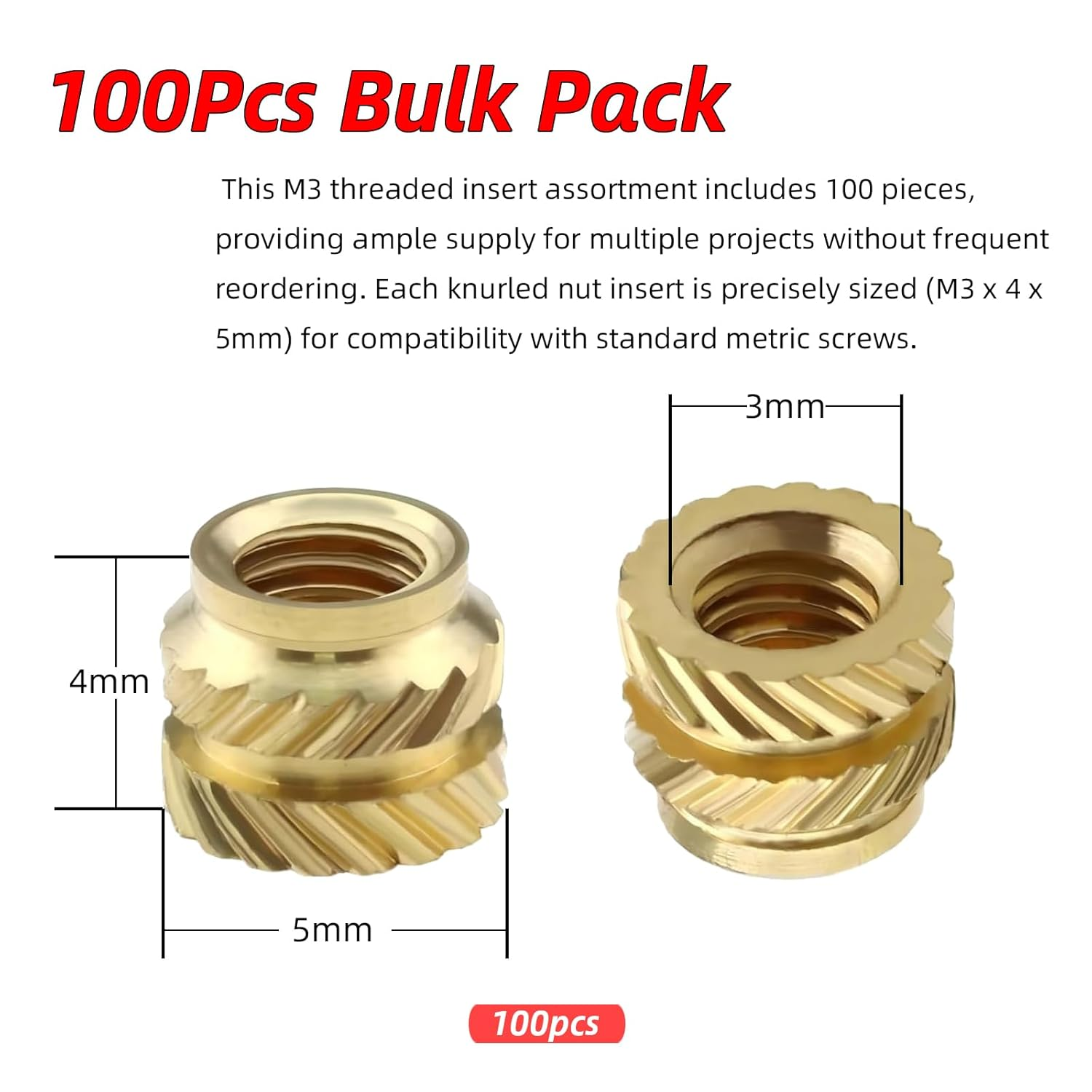 Luojinluoda 100PCS Threaded Inserts M3 Assortment Box - Brass Heat Set Insert for Plastic Parts - Metric Knurled Nuts for 3D Printers (M3X4X5Mm) image number 4