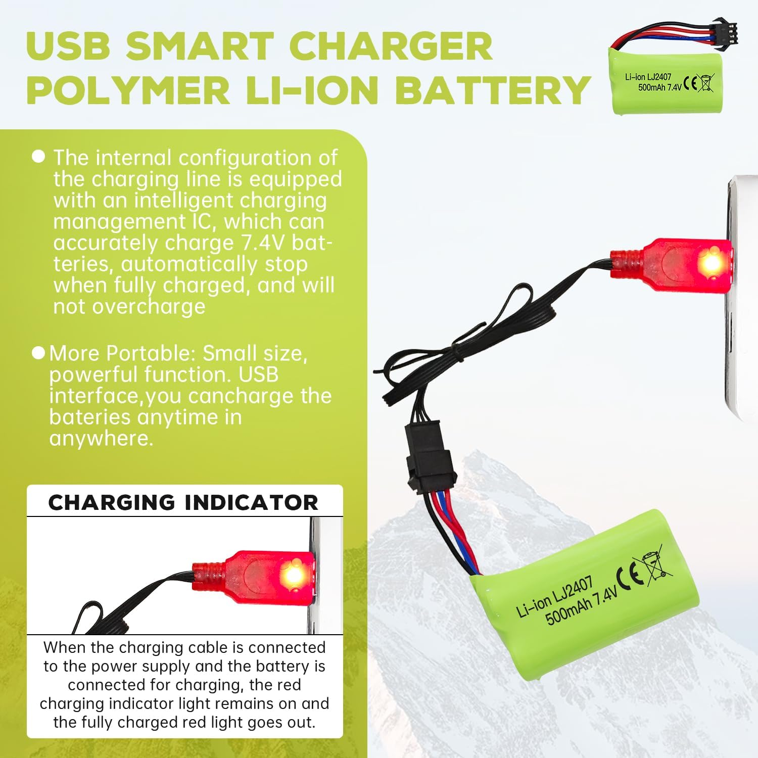 2PCS 7.4V 500Mah SM-4P Plug Charging Battery with USB Charging Cable for EC16 DE85 RC Toy Car Model Off-Road Vehicle Battery M416 Electric Gel Ball Blaster Backup Battery image number 5