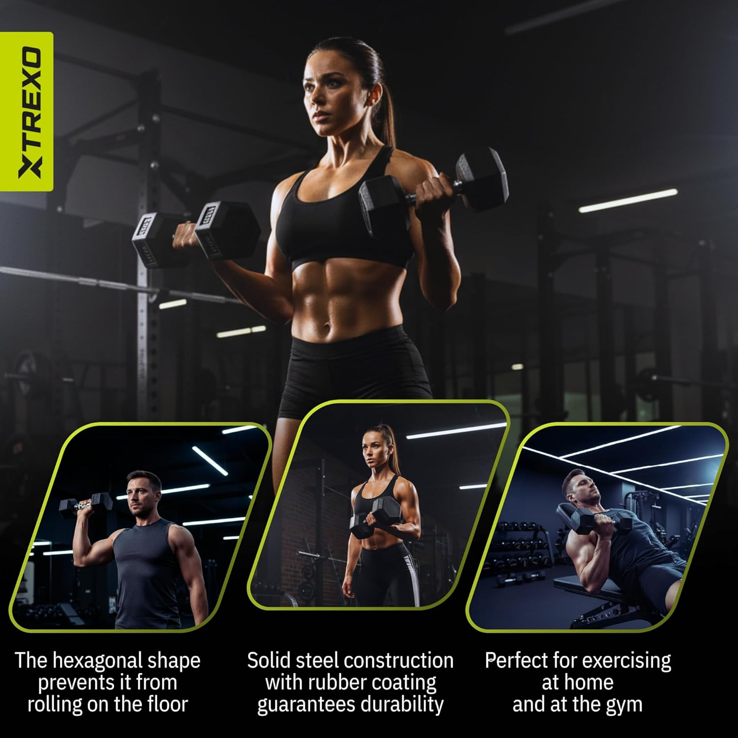 TREXO Hexagon Dumbbell Durable Rubberised Cast Iron for Strength Training at Home with Ergonomic Handle Stable and Versatile Hex Dumbbell image number 6