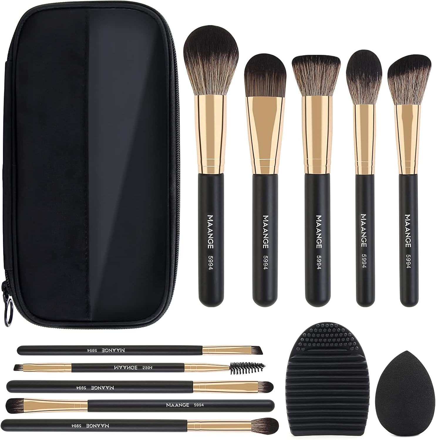 Makeup Brushes,Maange 10 Pcs Travel Professional Makeup Brushes Set with Case,Foundation Kabuki Blush Eyeshadow Make up Brush with Makeup Sponge and Brush Cleaner(Blackgold) image number 2