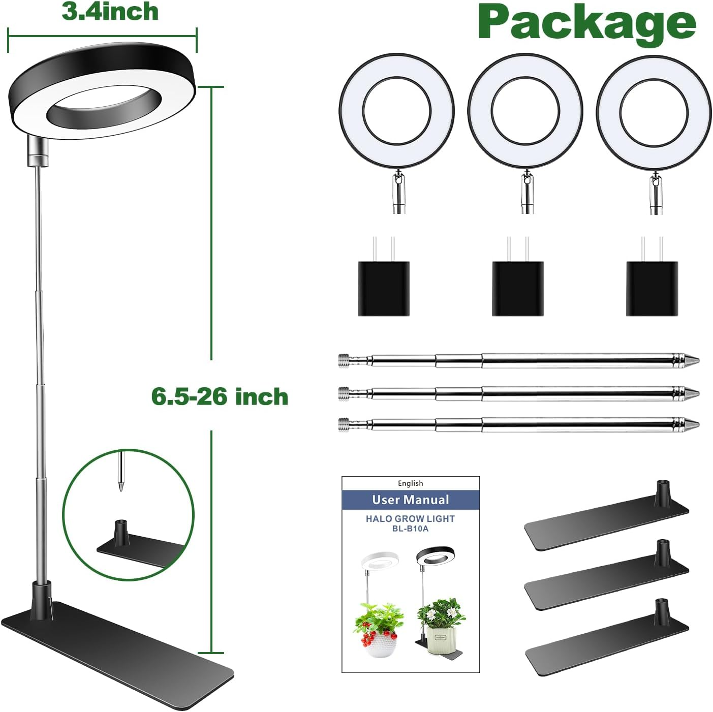 Aokrean - Plant Grow Light 48 Leds, Full Spectrum Grow Light for Indoor Plants, Height Adjustable Small Halo Light with Base, 3 Spectrum Optional, image number 3