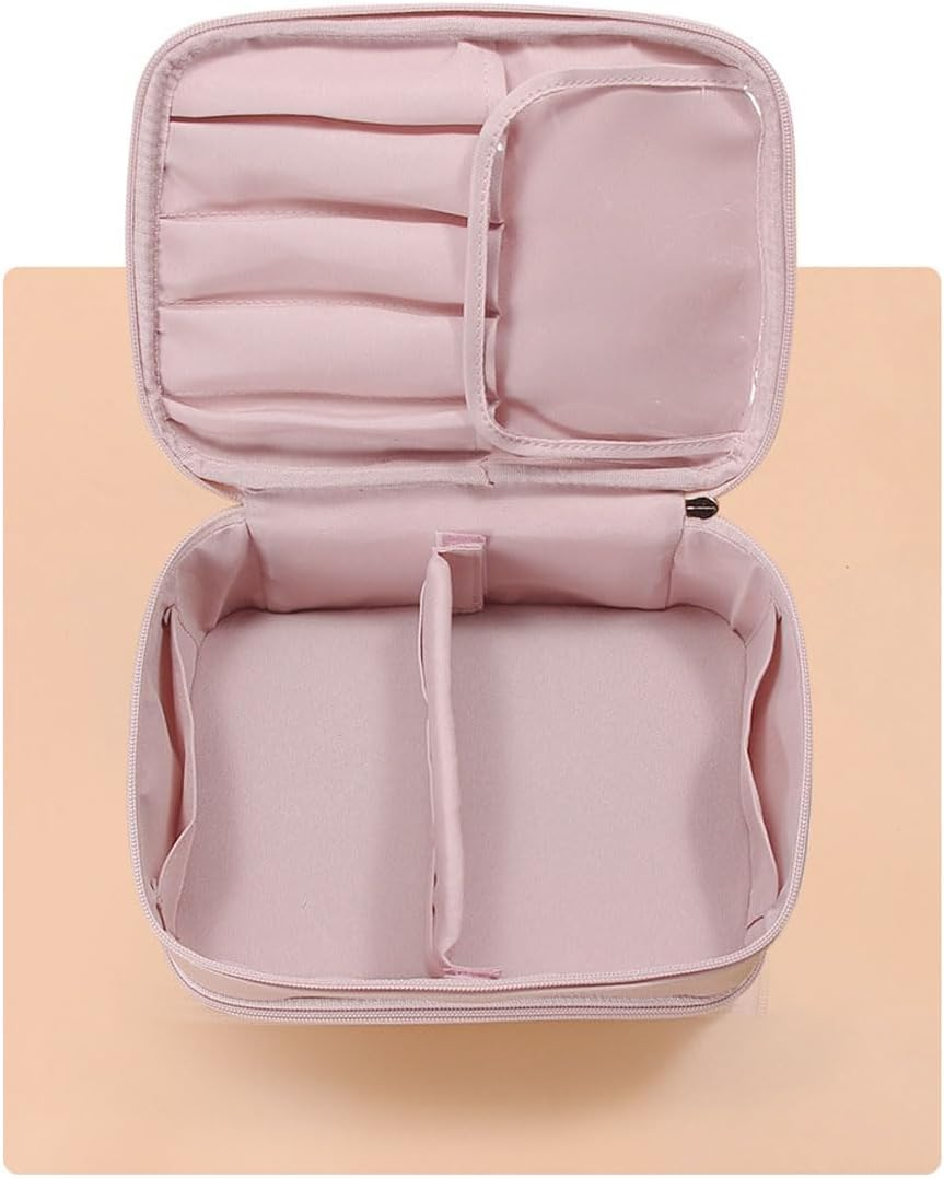 PU Large Capacity Travel Cosmetic Bag Women'S Double Layer Makeup Multifunctional Jewelry Box Skincare Storage (Pink) - Brown image number 3