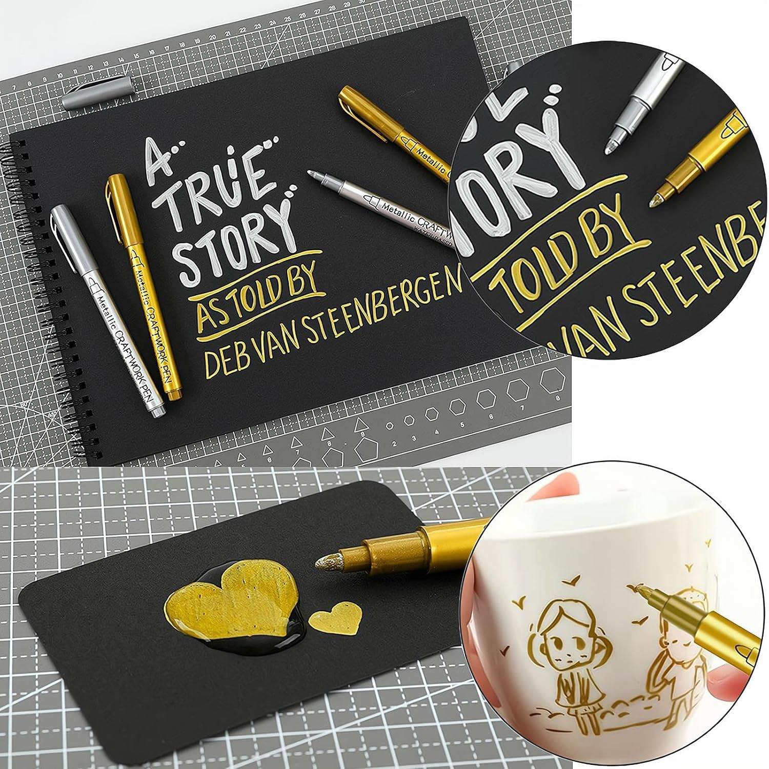 REGODI 10 Pack Set of 2 Metallic Color 2 Black 3 Gold 3 Silver Acrylic Paint Pens for Rock Painting, DIY Card, Pebble Art, Scrapbooking, Fabric, Metal, Ceramics, Wine Glass image number 4