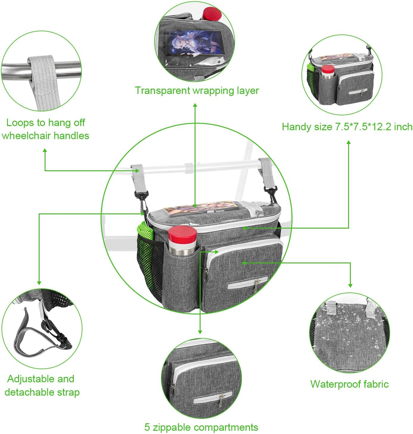 Wheelchair Accessories - Cup Holder Bag & Side Pouch - Black image number 4