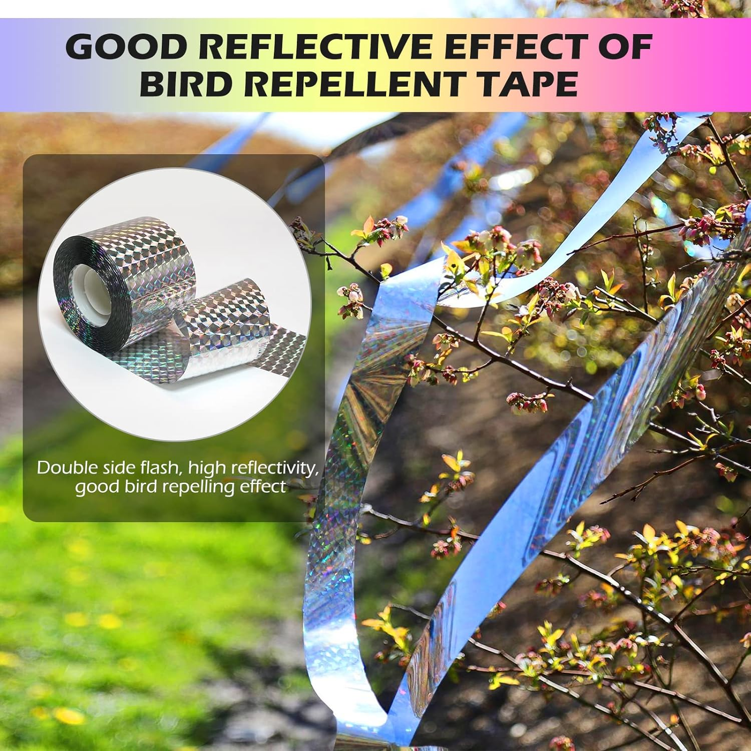 Ruolan Bird Scare Tape Ribbon(700Ft) Reflective Tape Keep Birds Away Outdoor,Double Side Bird Flash Tape, Scare Geese, Pigeon, Duck, Woodpecker image number 3