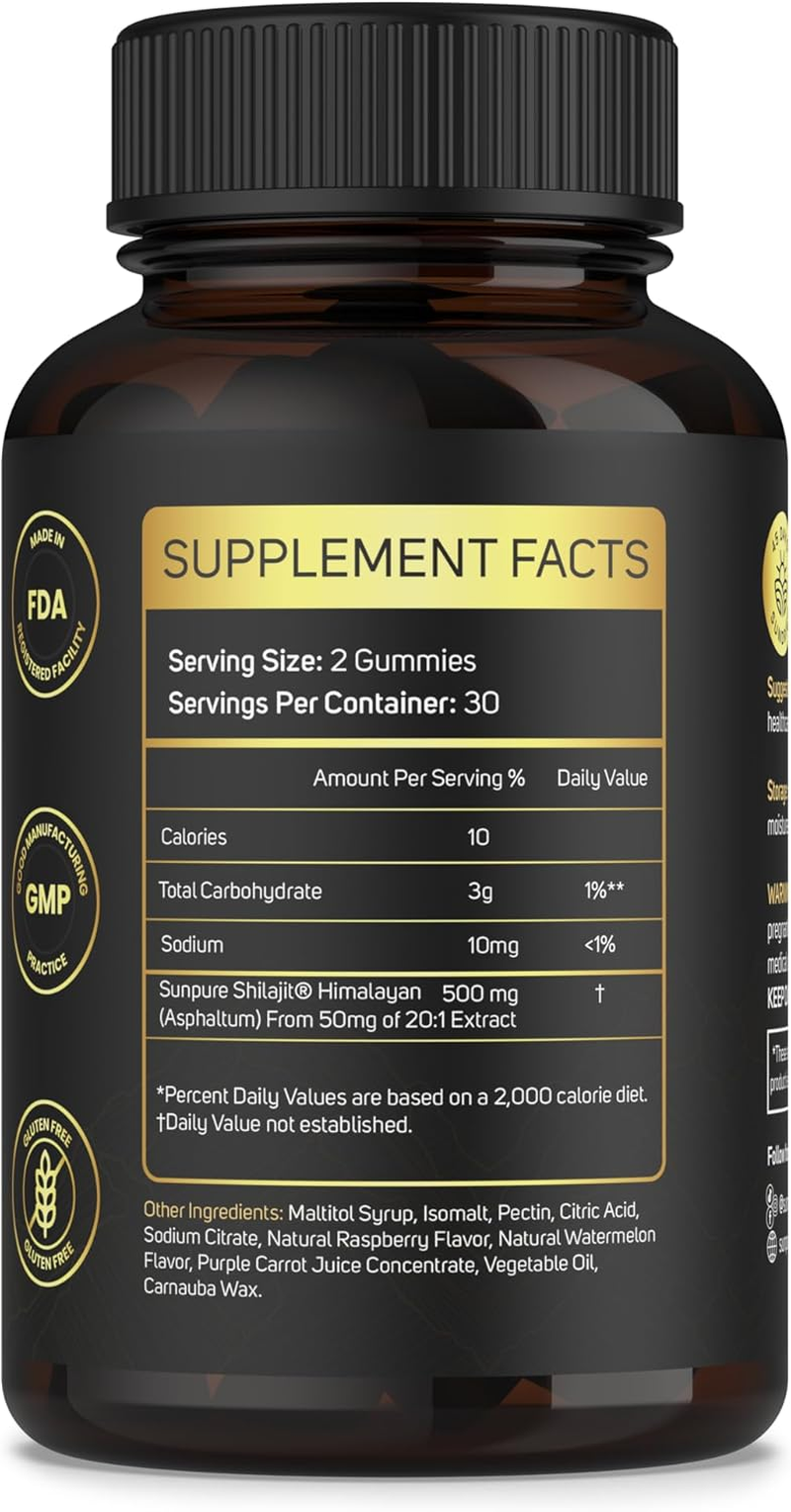 Sundried Himalayan Shilajit Gummies - Raspberry Watermelon Flavour | 85+ Ionic Minerals & Trace Elements | Fulvic & Humic Acid | 60 Gummies image number 1