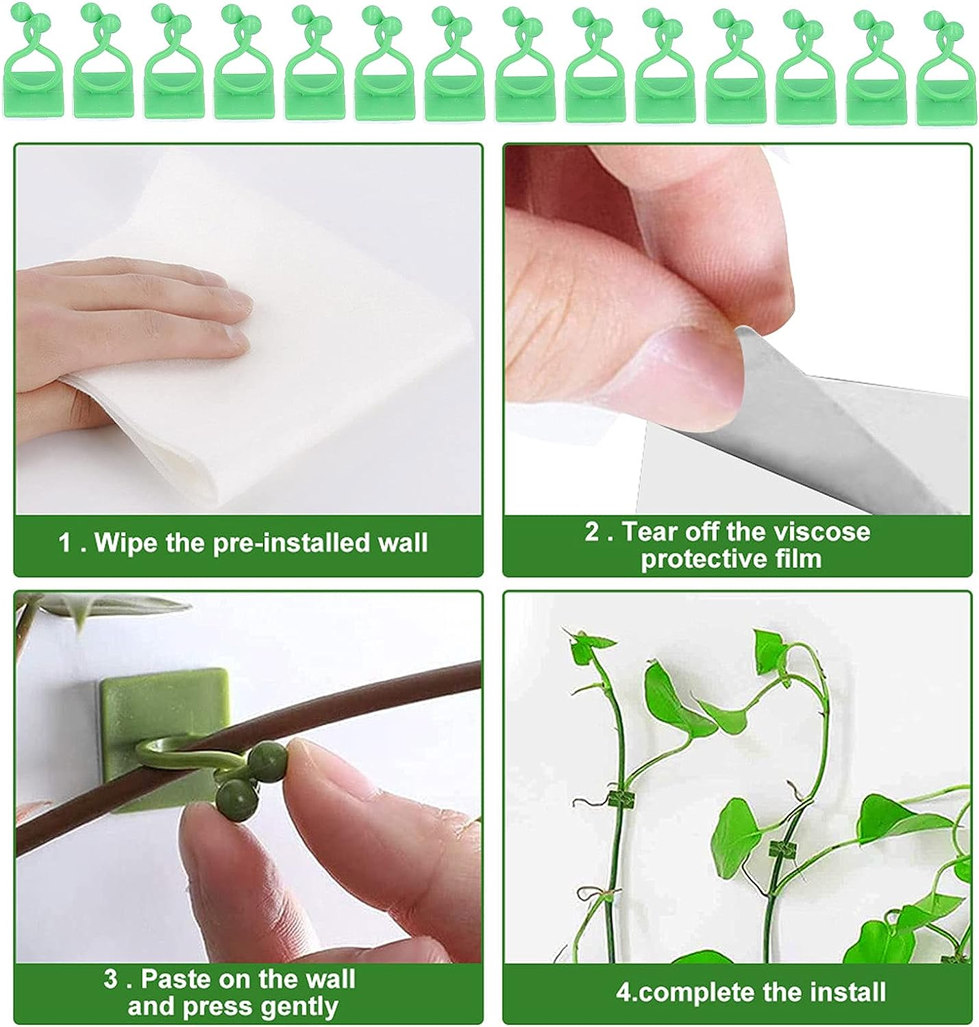 100PCS Plant Climbing Wall Fixture Wall Vines Fixing Clamp/Holder Self Adhesive Branch Fixture for Indoor Plants (White) (Green) image number 1
