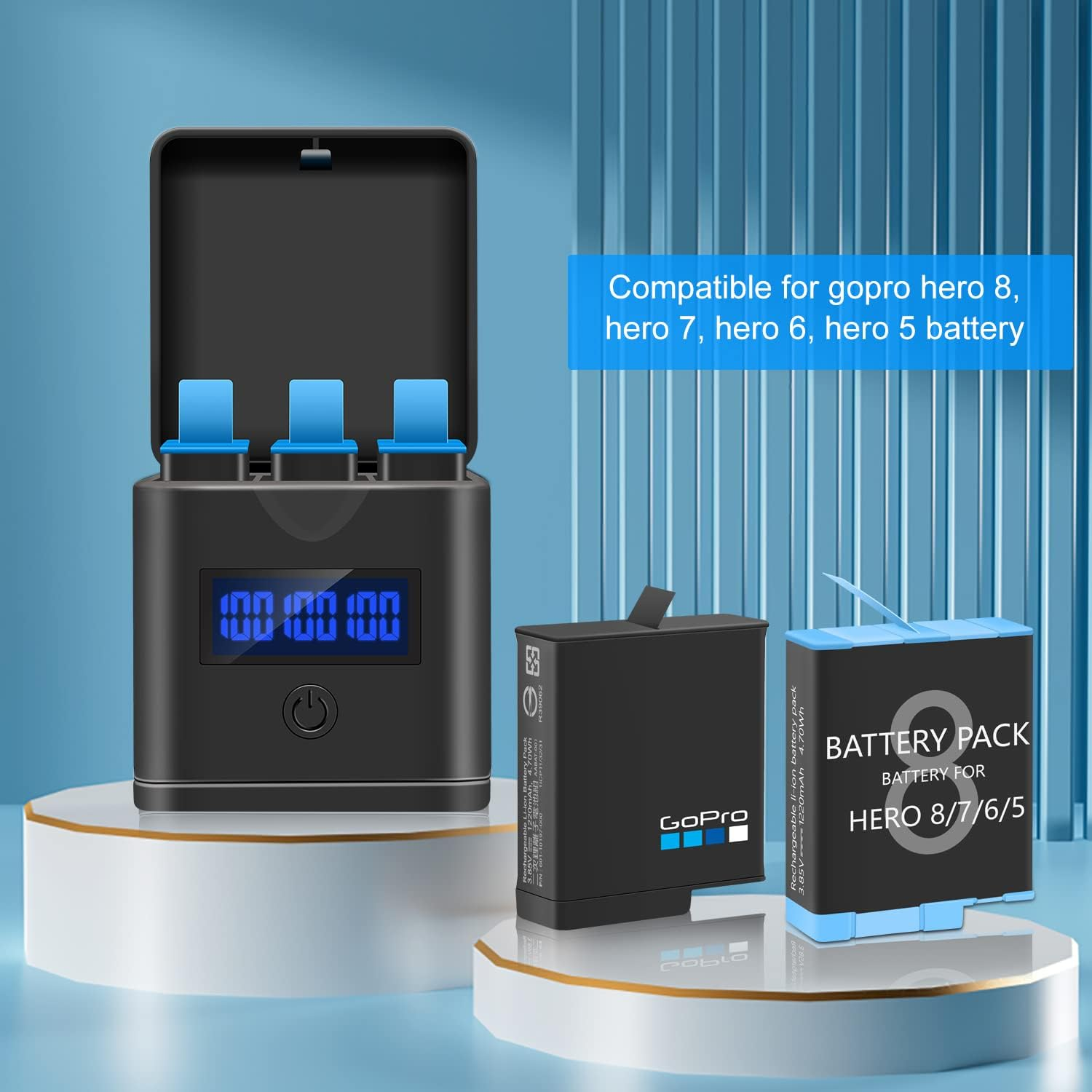 Suptig Battery Charger, Battery Charging for Gopro Hero 8, Hero 7, 6, 5, Battery Level LCD Display. image number 2