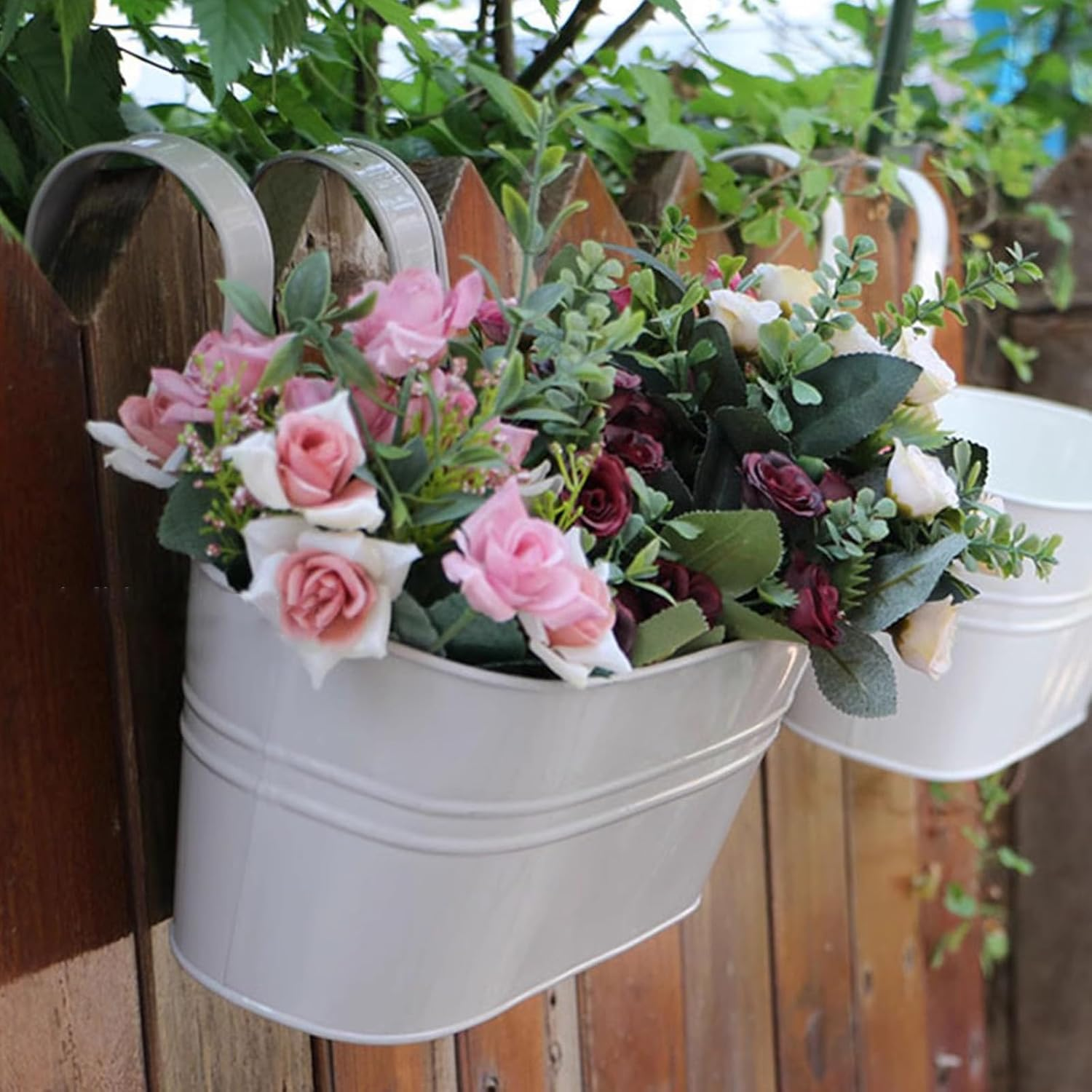 River 2 Pack Metal Iron Hanging Flower Pot, Oval Railing Planter Fence Garden Balcony Planter Hanging Plant Pot Metal Bucket Flower Holders with Detachable Hooks for Outdoor Indoor Home D&eacute;cor(Grey) - Grey image number 4