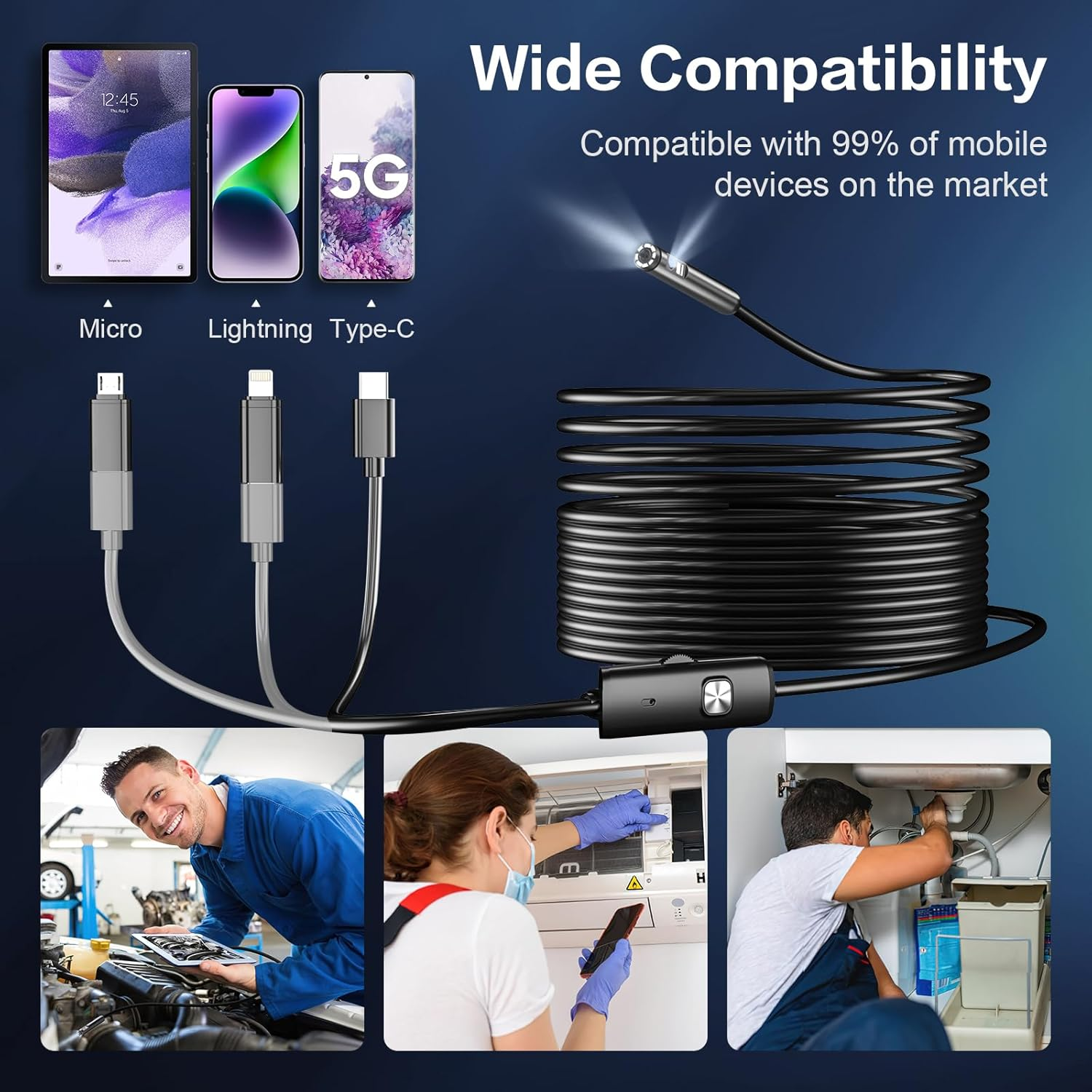 CARPDIM Dual-Lens Endoscope with 8+1 LED Lights, 1980P Borescope Inspection Camera, IP68 Waterproof, 16.5FT Semi-Rigid Snake Cord for Iphone, Ipad & Android image number 4
