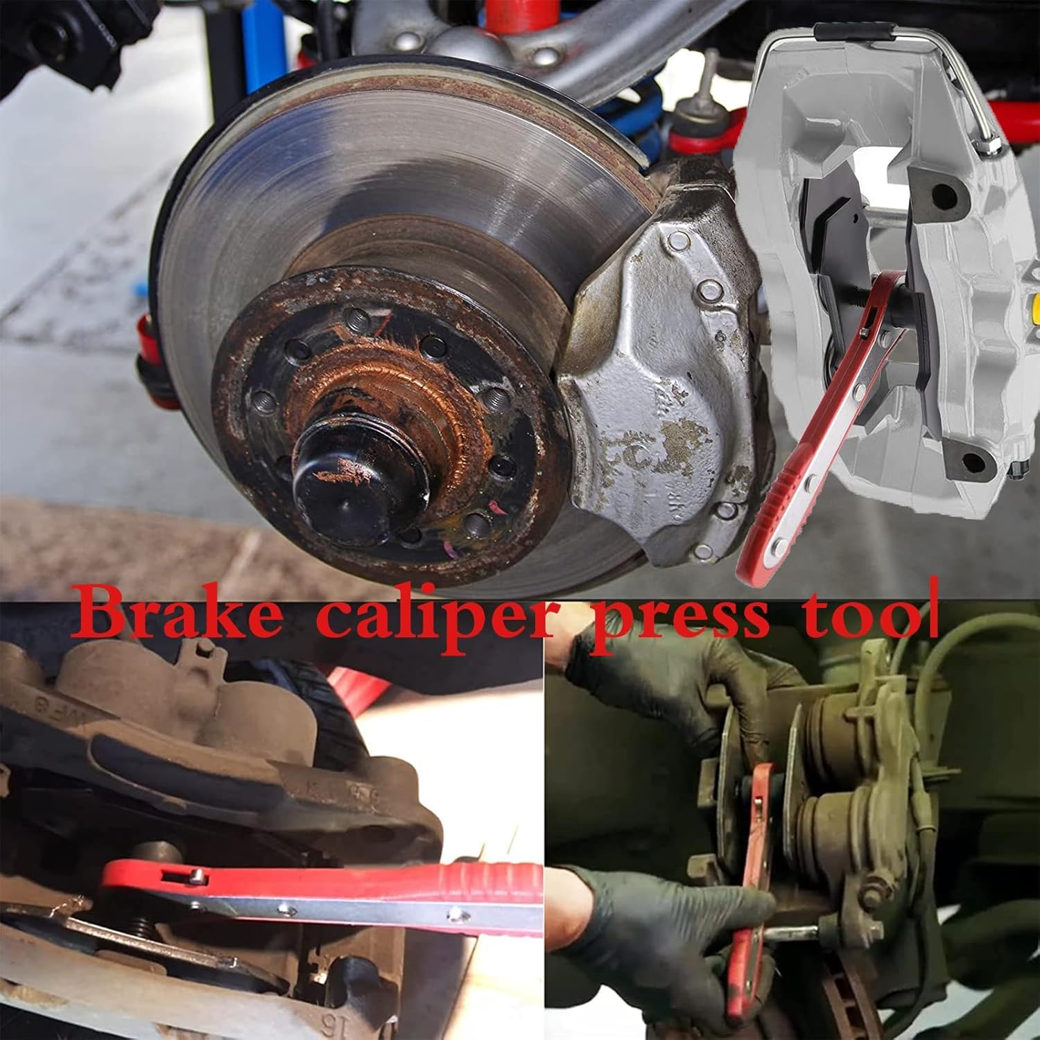Brake Caliper Press Tool Brake Caliper Compression Tool 360&deg; Adjustable Ratchet Brake Caliper Piston Expander Tool with 4 Caliper Hangers for Brake Piston Disc Brakes Red image number 6