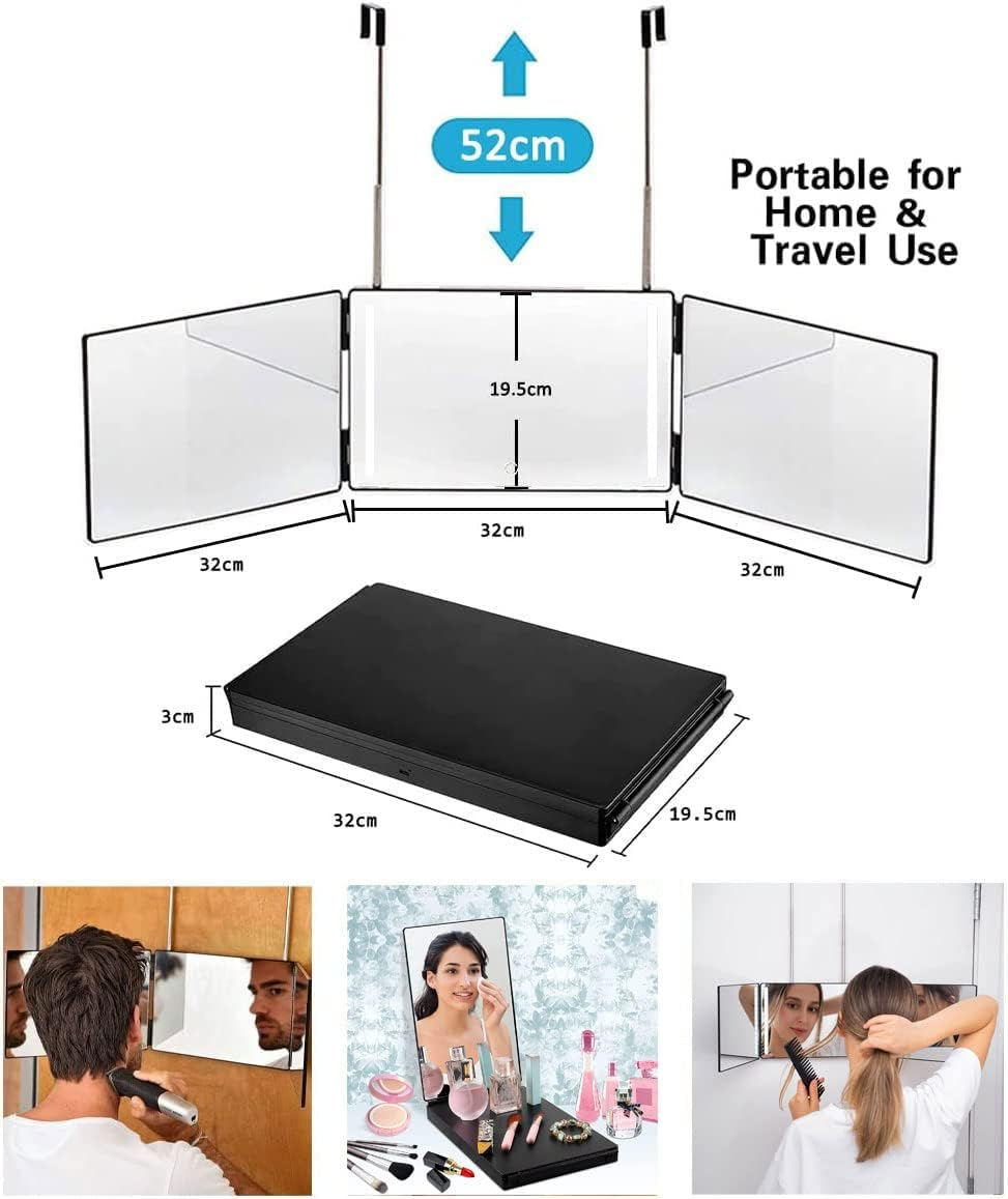 3 Way Mirror | Trifold Mirror for Self Hair Cutting and Styling | DIY Haircut Tool to Cut, Trim, or Shave Your Head and Neckline at Home | Adjustable, Portable, Hands-Free | Haircut Artifact (With LED) image number 3