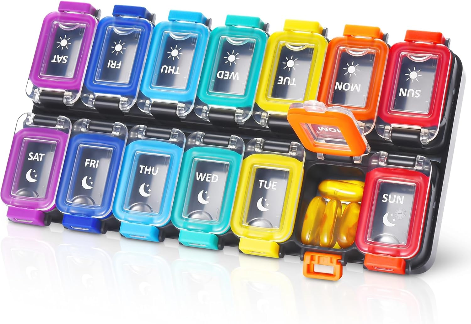 Fullicon Moisture Proof Pill Organiser 2 Times a Day, Large Pill Box 7 Day, Spill Proof Pill Organizer, Travel Pill Container, Medicine Pill Case with Secure Lids, Daily Pill Organizer (Rainbow Black)