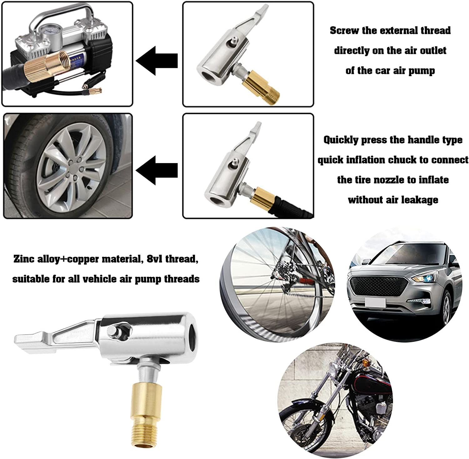 VGOL 8V1 Thread Air Inflator Hose Adapter Replacement Tire Air Chucks Car Air Pump Thread Nozzle Adapter Car Pump Accessories for Motorcycles Car, Non-Deflate image number 1
