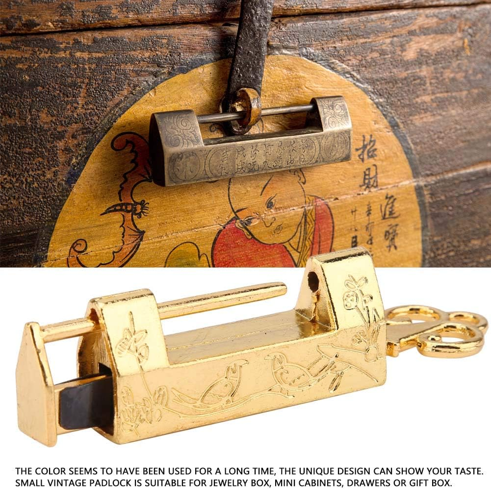Mini Chinese Style Traditional Magpie Flower Padlock Small Key for Vintage Furniture Padlock Vintage (Gold) image number 5