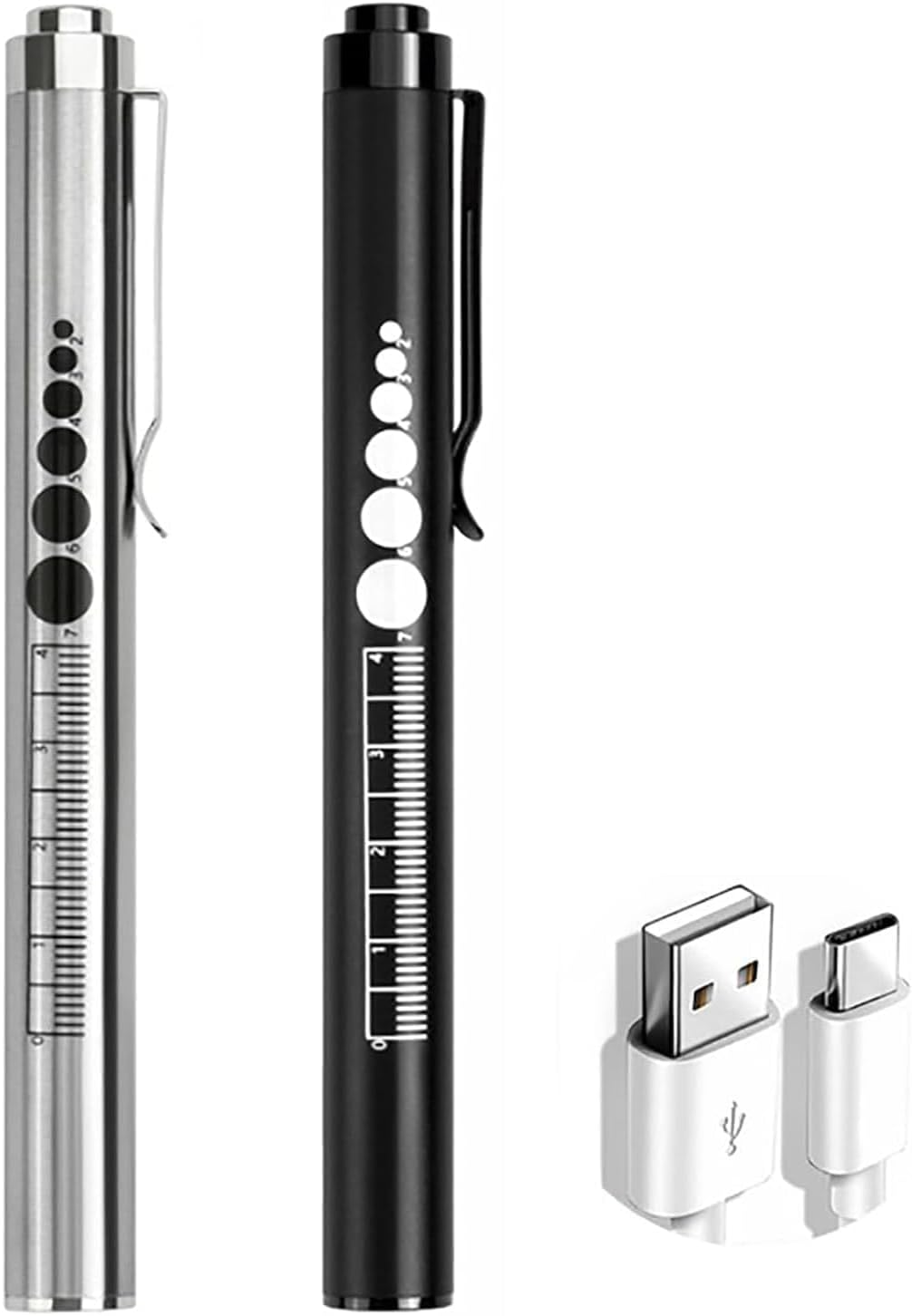 KEWAYO 2Pcs Pen Light, Reusable LED Penlight for with Pupil Gauge & Ruler, USB Rechargeable, Extra Warm Light Bulb, Pocket Clip Mini Flashlight(Black, Silver) image number 5