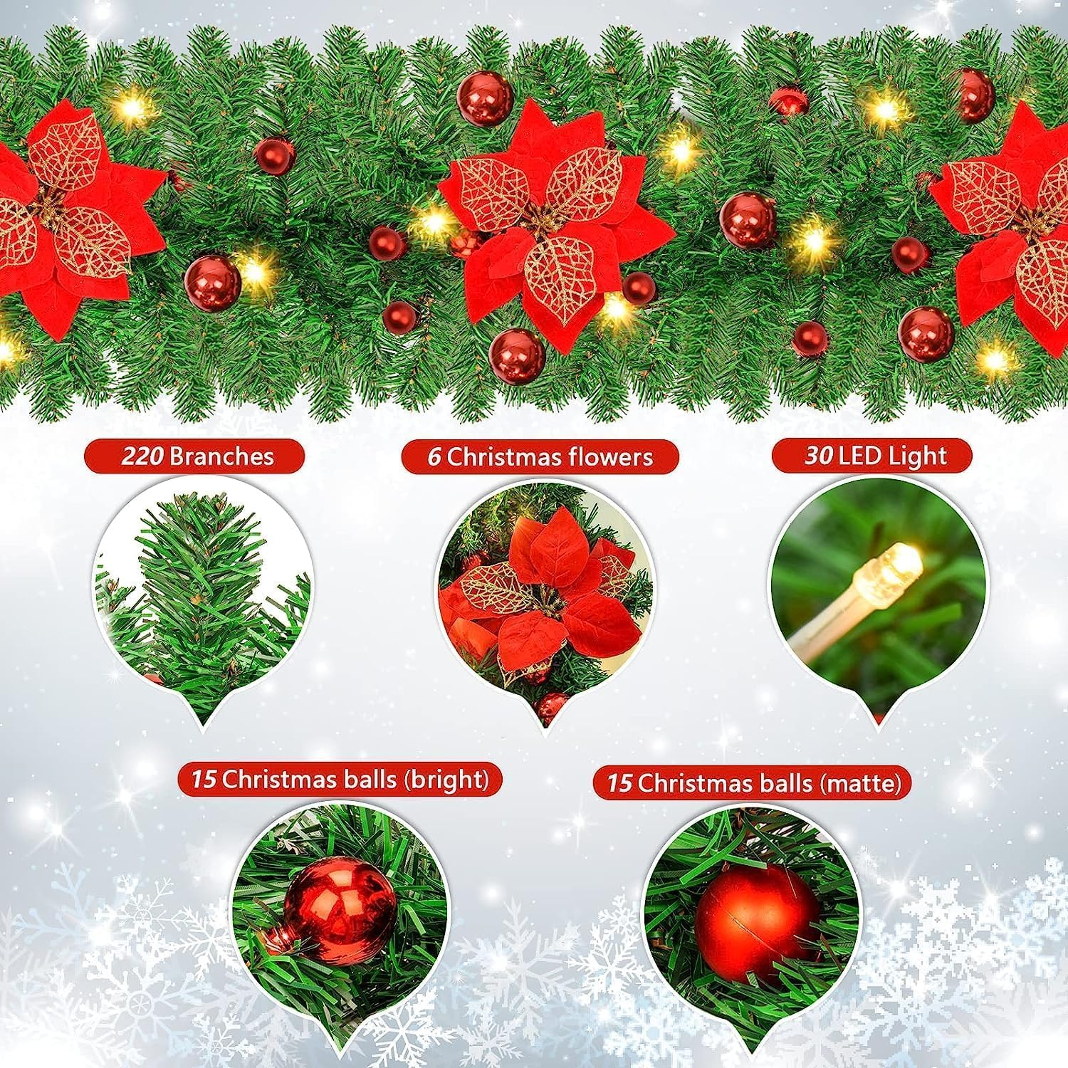 Christmas Garland, 2.7M Christmas Rattan Christmas Artificial Flower Vine for Home Stairs Fireplace Front Porch Door Display Indoor Outdoor Xmas Decor(Green,2.7M) image number 2