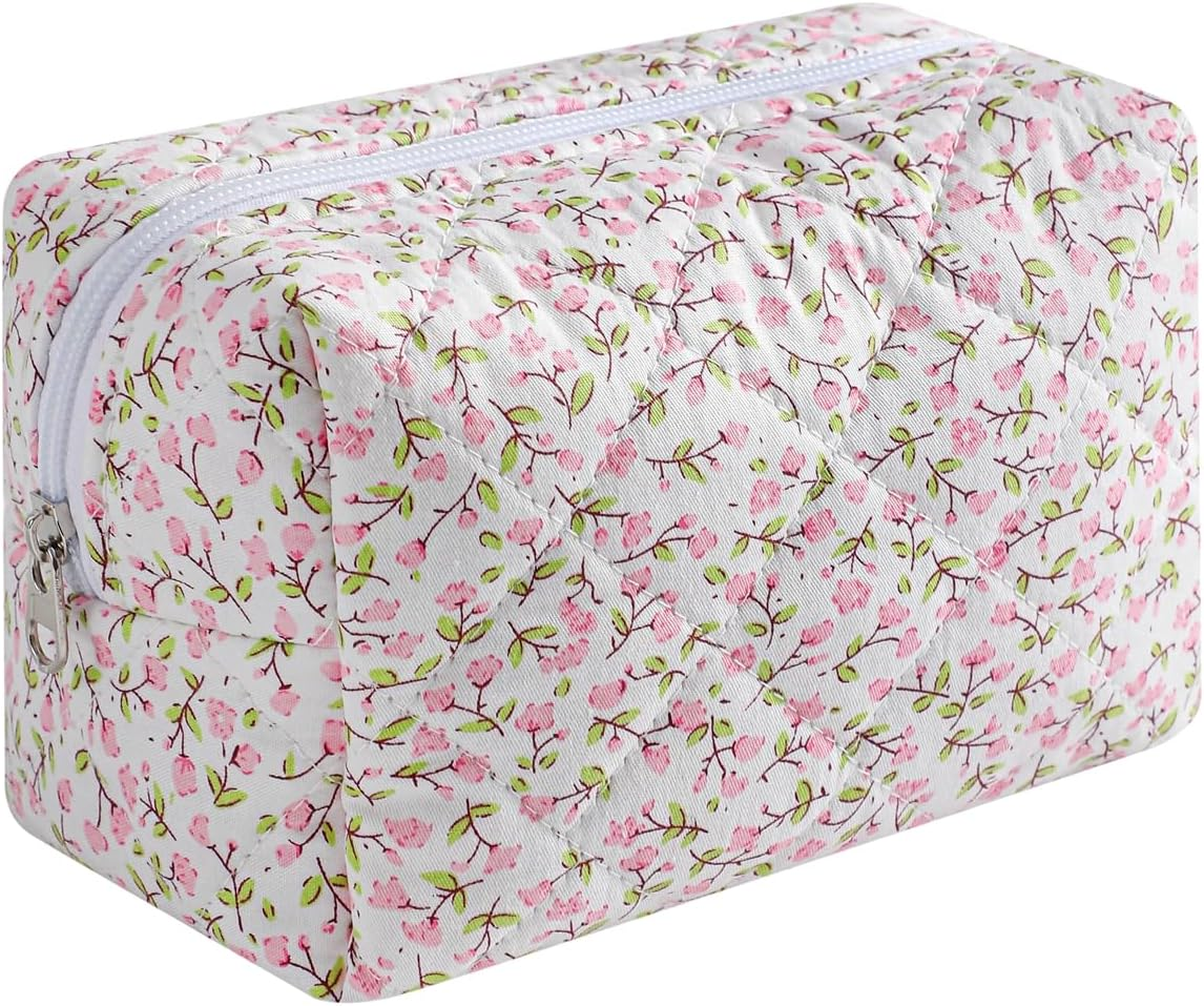 Cute Small Makeup Bag,Quilted Floral Cotton Cosmetic Pencil Pouch, Quilted Flowers Pencil Case with Zipper, Kawaii Travel Toiletry Bags for Purse, 12White Bear