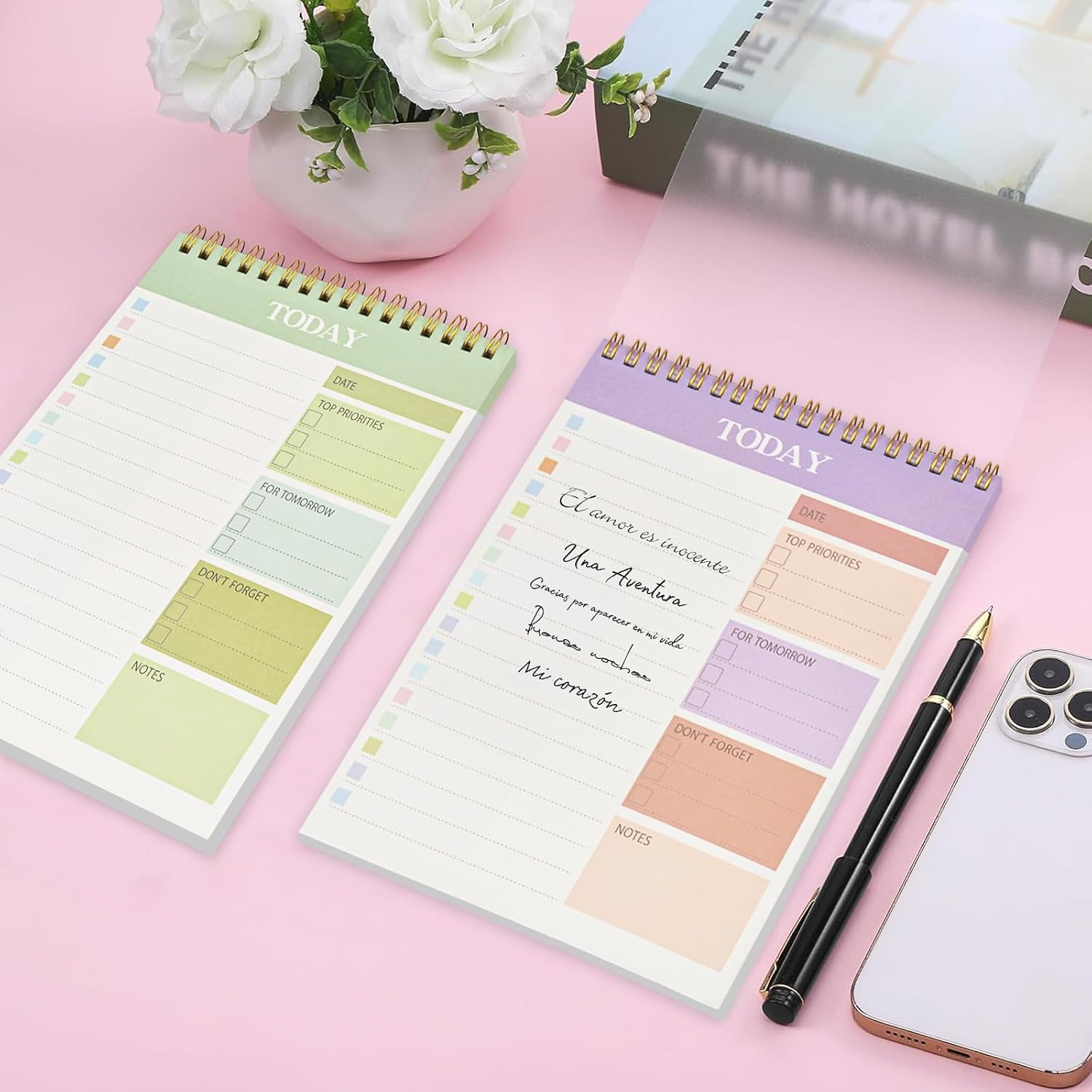 Daily Planner Notepad,Nedlon 2 Packs to Do List Notepad,104 Pages A5 Undated Daily Planner with Task Checklist,Spiral Binding,120Gsm Paper,Transparent Cover for Home,Office,School Supplies,Green&Purple image number 5