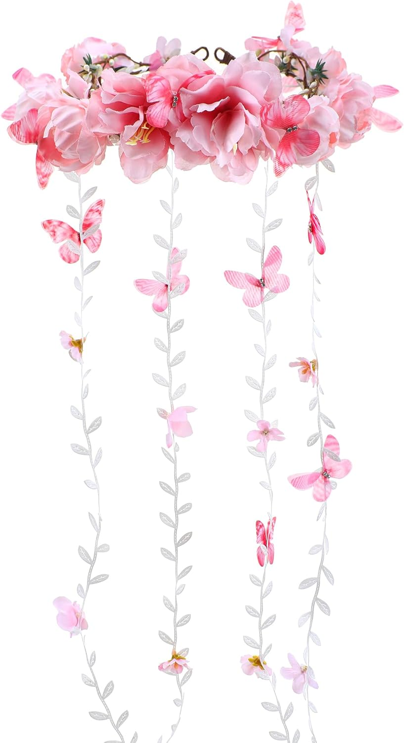 Partyforu Pink Flower Crown Headband for Women Floral Fairy Headpiece Bohemian Vine Flower Headband with Butterfly for Wedding Bridal Shower Party Renaissance image number 3