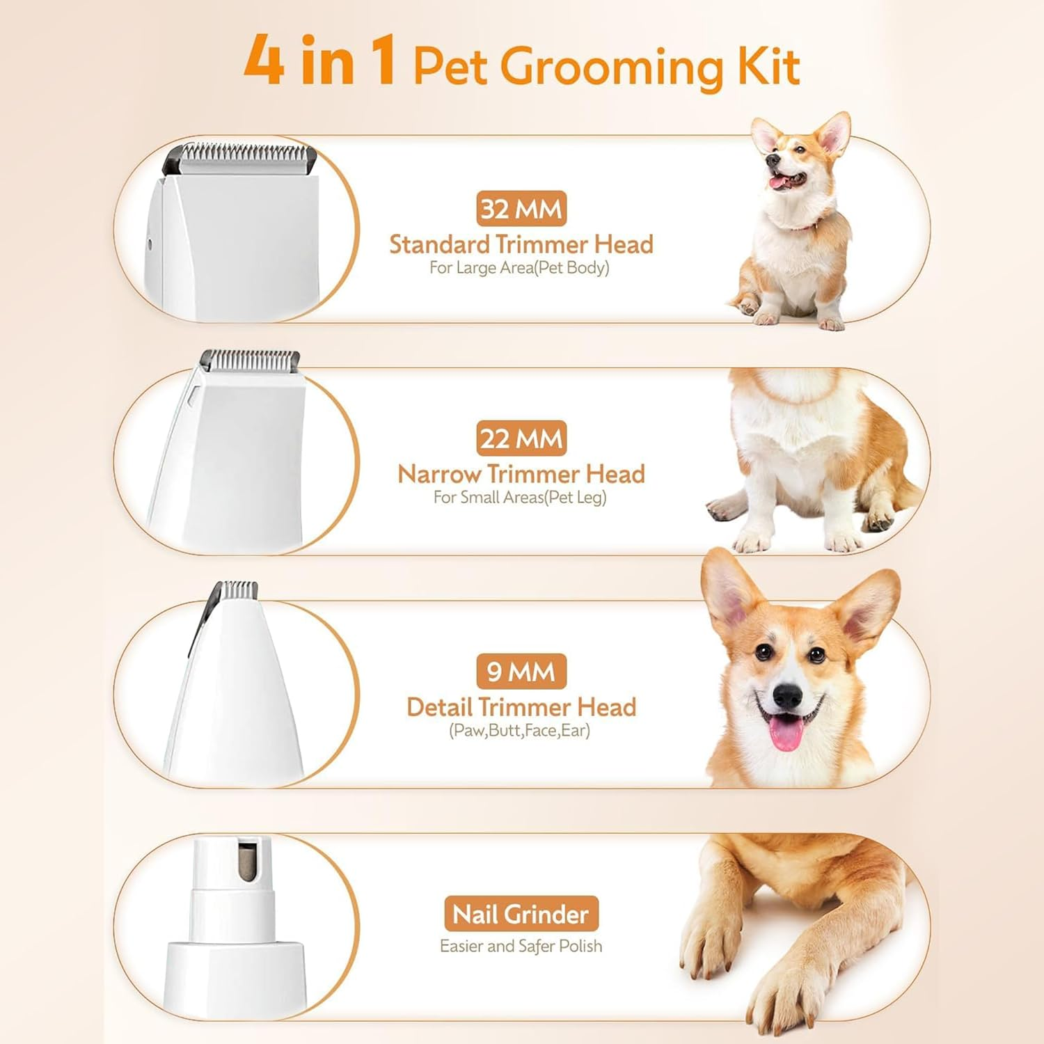 Dog Grooming Clippers Kit, Quiet Cordless Dog Paw Trimmer & Nail Grinder, 4-In-1 Rechargeable Low Noise Pet Hair Trimmers for Small Large Dogs Cats Pets