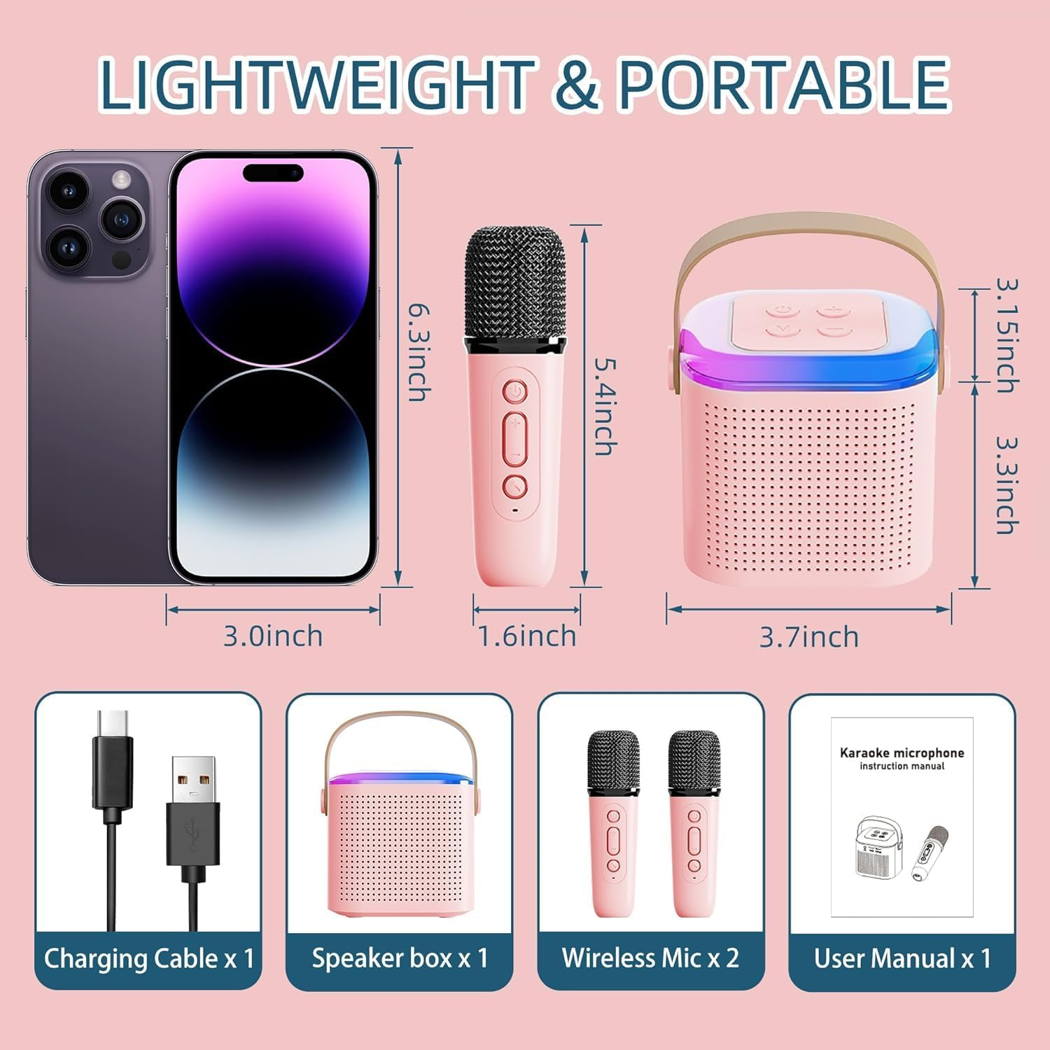 Mini Karaoke Machine,Portable Bluetooth Speaker with 2 Wireless Microphone, Funny Toys for Girls Boy Ages 4-12 Years Old, Led Lights, Gifts for Kids Birthday Christmas Home Party (Pink) - White image number 5