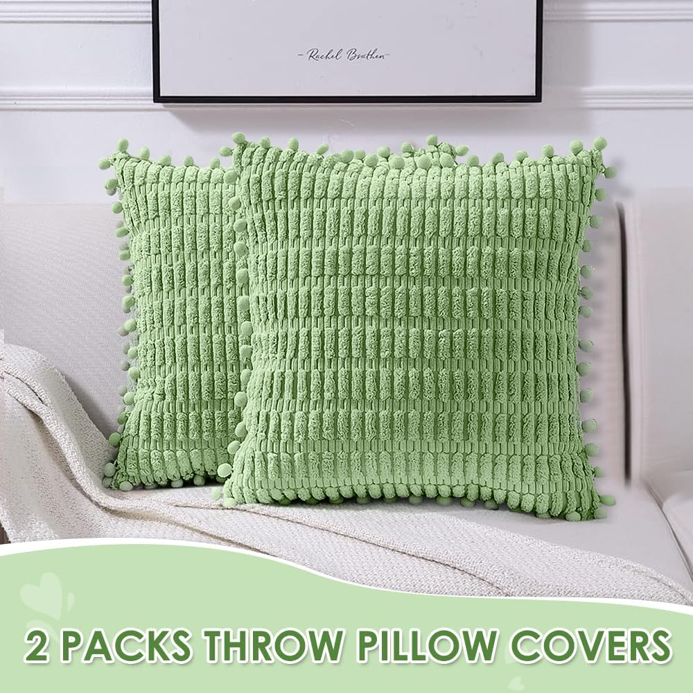 AUTOWT 2 Packs Decorative Throw Pillow Covers - 45 X 45 Cm Outdoor Cushion Cases with Pom-Poms - Boho Home Decor - Square Striped Corduroy Pillowcase for Couch Sofa Bed Bedroom Living Room (Green) - Grey image number 5