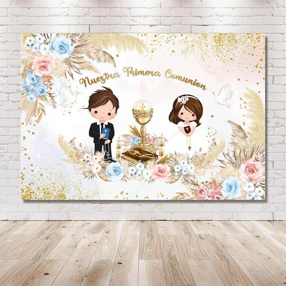 MEHOFOND 2.1 X 1.5 M Boy and Girl Twins Christening Background Our First Communion Bohemian Flowers Pencil Grass Photography Background Cross Christening Party Decoration Banner Props image number 1
