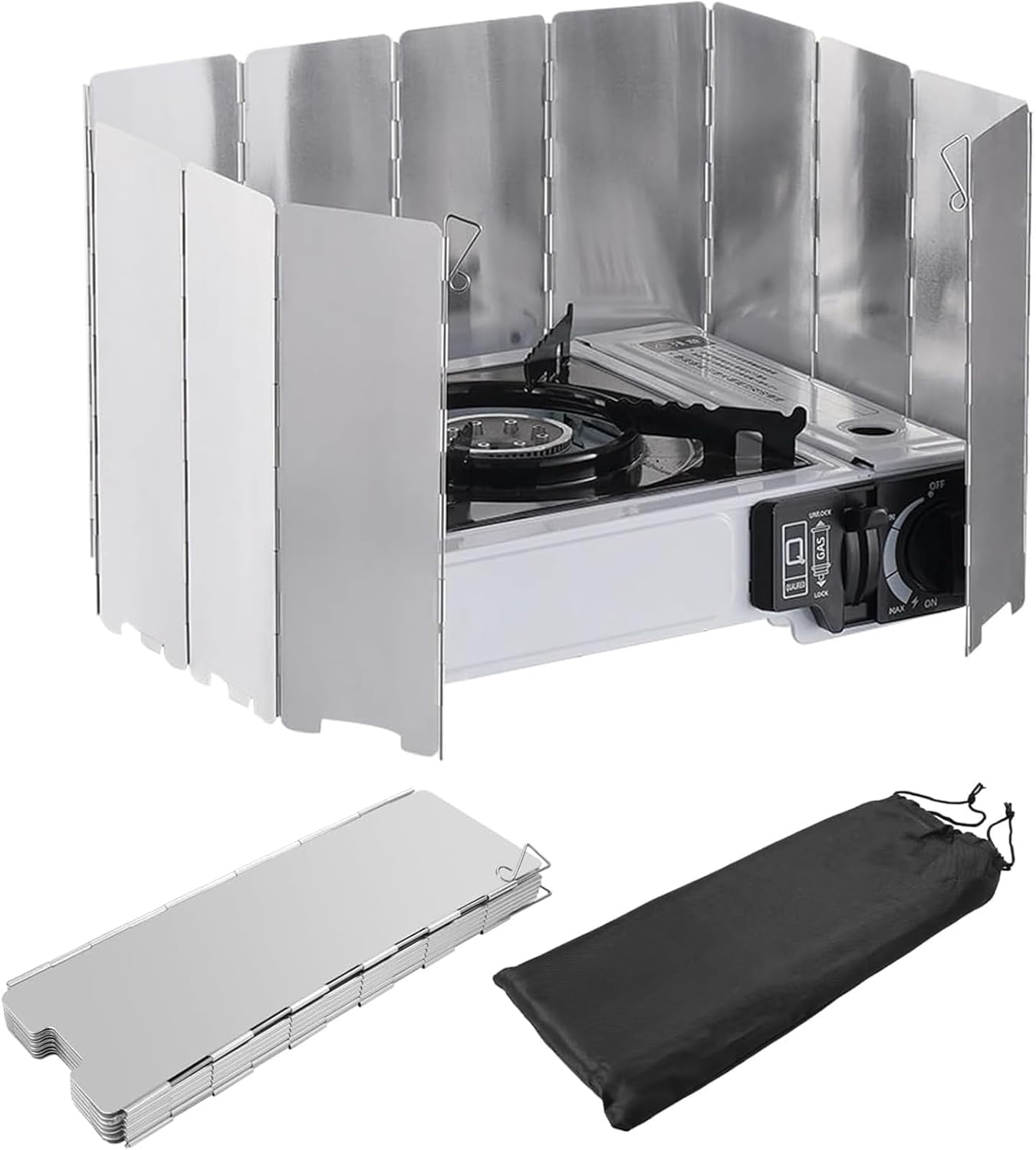 Folding Camping Stove Windscreen 12 Plates Aluminum Camping Stove Windshield with Carrying Bag Portable Camp Stove Wind Screen Outdoor Cooker Butane Burner Wind Shield image number 6