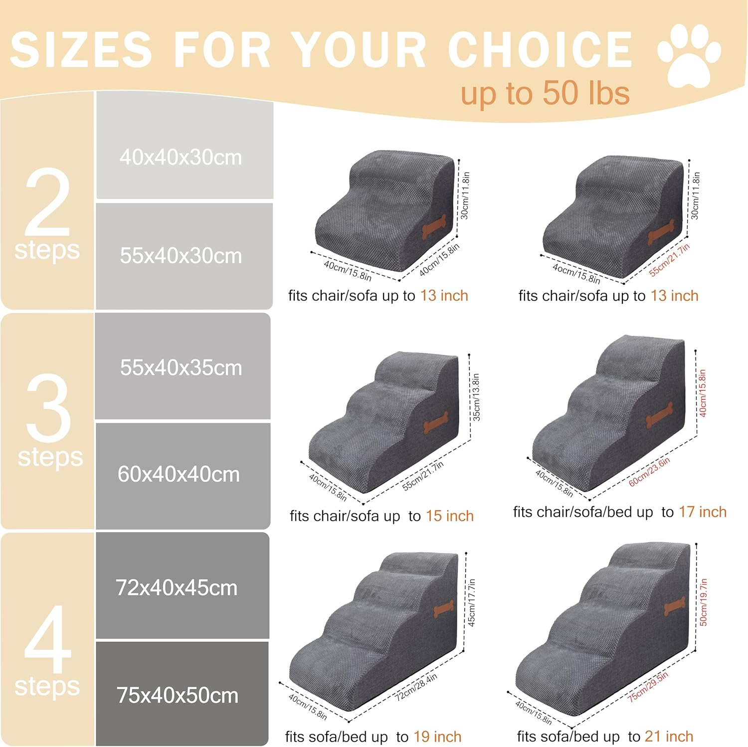 Dog Stairs Ramp for Small Dog, 3-Tiers Dog Steps Suitable for Bed and Couch,Non-Slip Pet Stair for Small Dog Cat and Elderly, Injured Pets, Removable Washable Cover (Grey, 4-Step H:45CM, 4) image number 2