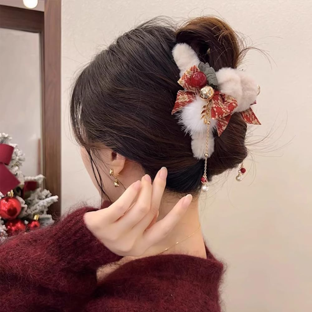 2 PACK Plush Hair Claw Clips with Tassels, Xmas Plaid Bows Hairpins Nonslip Claw Clip with Bells for Women Christmas Hair Claws image number 2