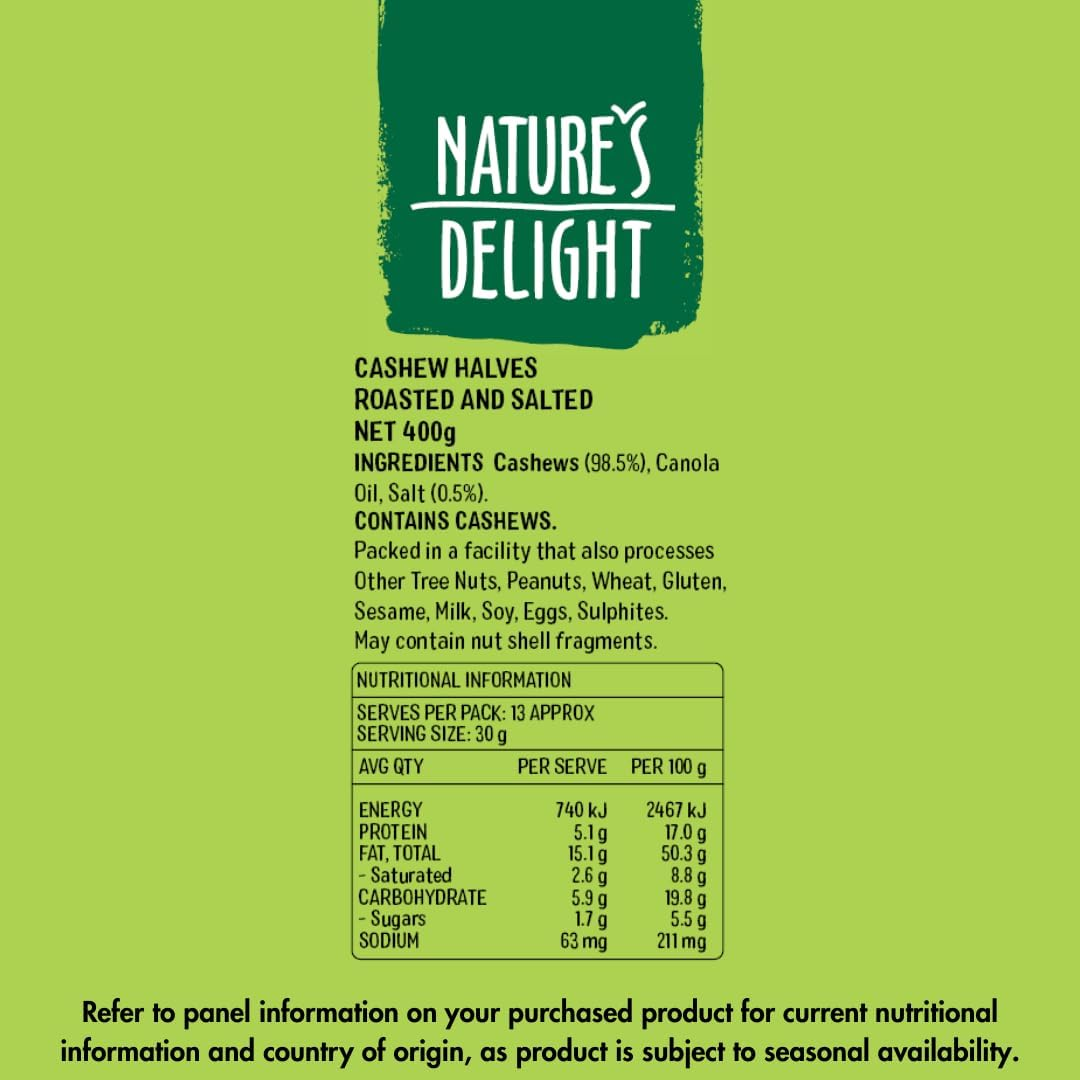 Natures Delight Salted Premium Cashews Halves 400 G image number 2