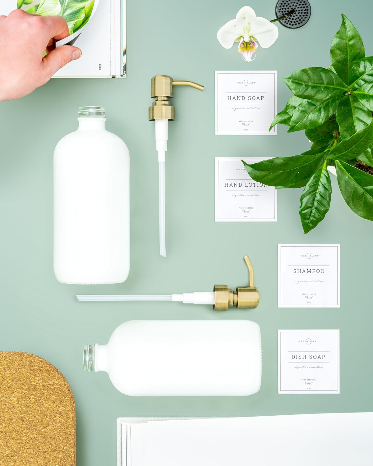 Vine Creations White Glass Soap Dispenser Set, 2 Pack with Stainless Steel Pump, 16 Oz for Kitchen and Bathroom, Dish Soap Dispenser with Waterproof Labels - Clear Bottle / Gold Pump image number 4