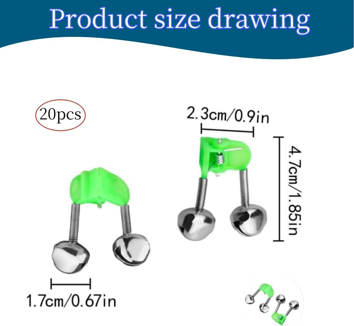 20 Pcs Metal Dual Bells Bite Indicators Fishing Accessories for Sea,Green Galvanized Fish Bell Portable, Reusable Indicator Night Rod Clock image number 3