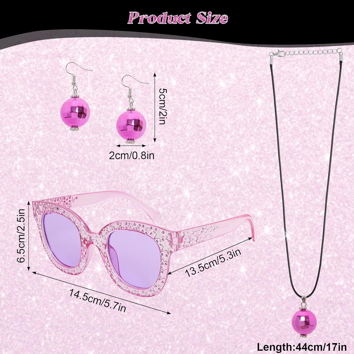 6 Pcs 70S Women Disco Accessories Disco Costume Jewelry Disco Sequin Scarf Headband Diamond Bracelet Ball Necklace Earring Glasses(Gold) - Black image number 5