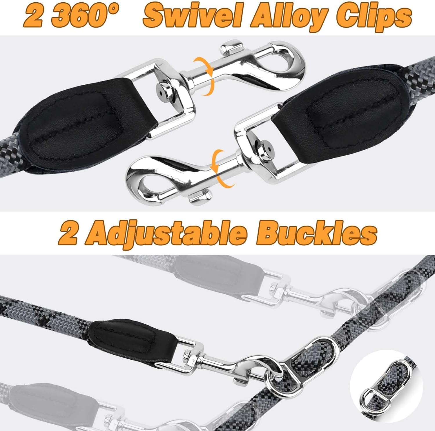 Dog Lead with 2 Carabiners, 2 Rings, Reflective, Adjustable Double Lead, 2.6 M Multifunctional Dog Lead for Large and Medium Dogs image number 5