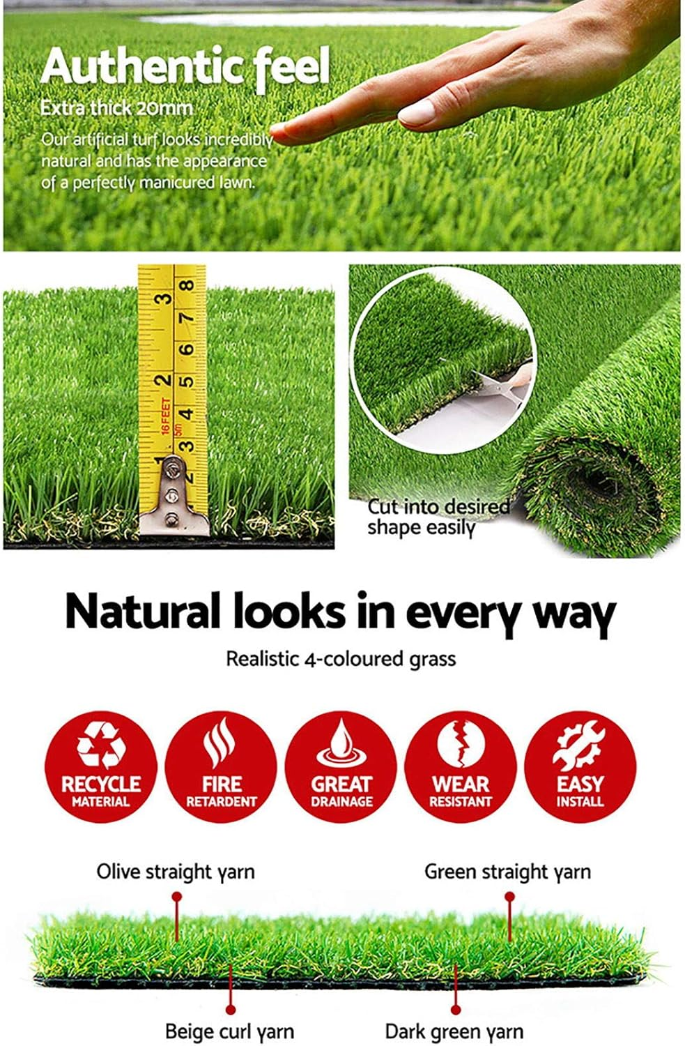 Primeturf Artificial Grass 10SQM Roll 2X5M 20Mm Pile Height Synthetic Turf Mat Fake Plants Yarn Lawn, Home Decor Garden Backyard Patio Indoor Outdoor Wall, 4-Coloured Grasses UV Resistant image number 4