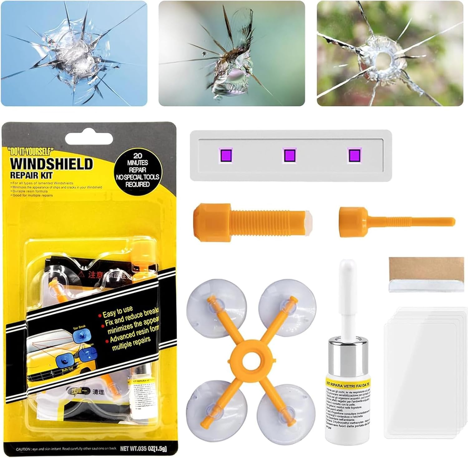 Windscreen Repair Kit, Windshield Repair Kit with Curing Lamp, Suitable for Bull'S Eye, Half-Moon, Cobweb, Star and Long Line Cracks