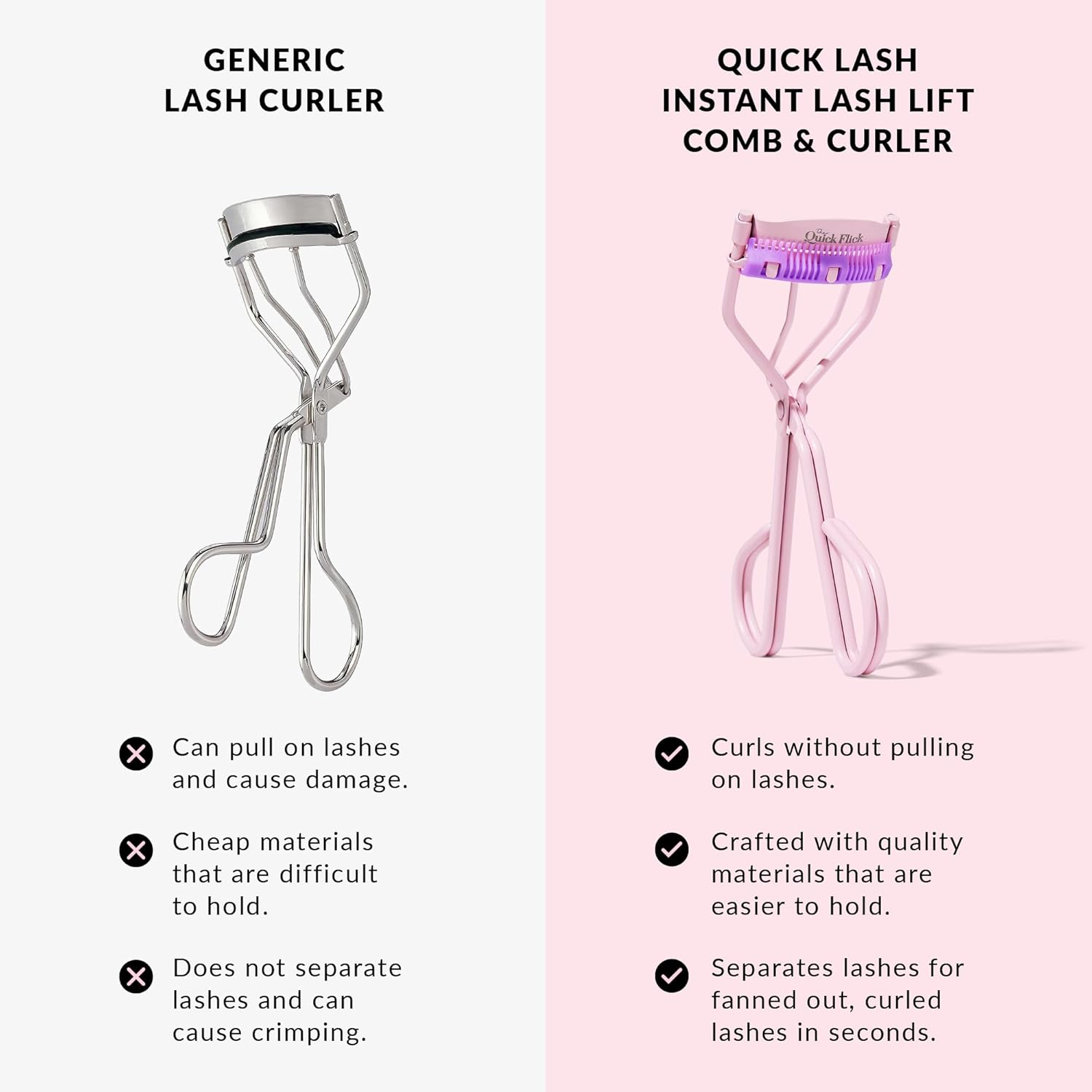 THE QUICK FLICK Eyelash Curler, Stainless Steel Eyelash Curler with Comb, Safe & Gentle on All Eye Shapes, Pink Eyelash Curlers for Separated & Curled Lashes, Travel-Friendly Eyelashes Curler
