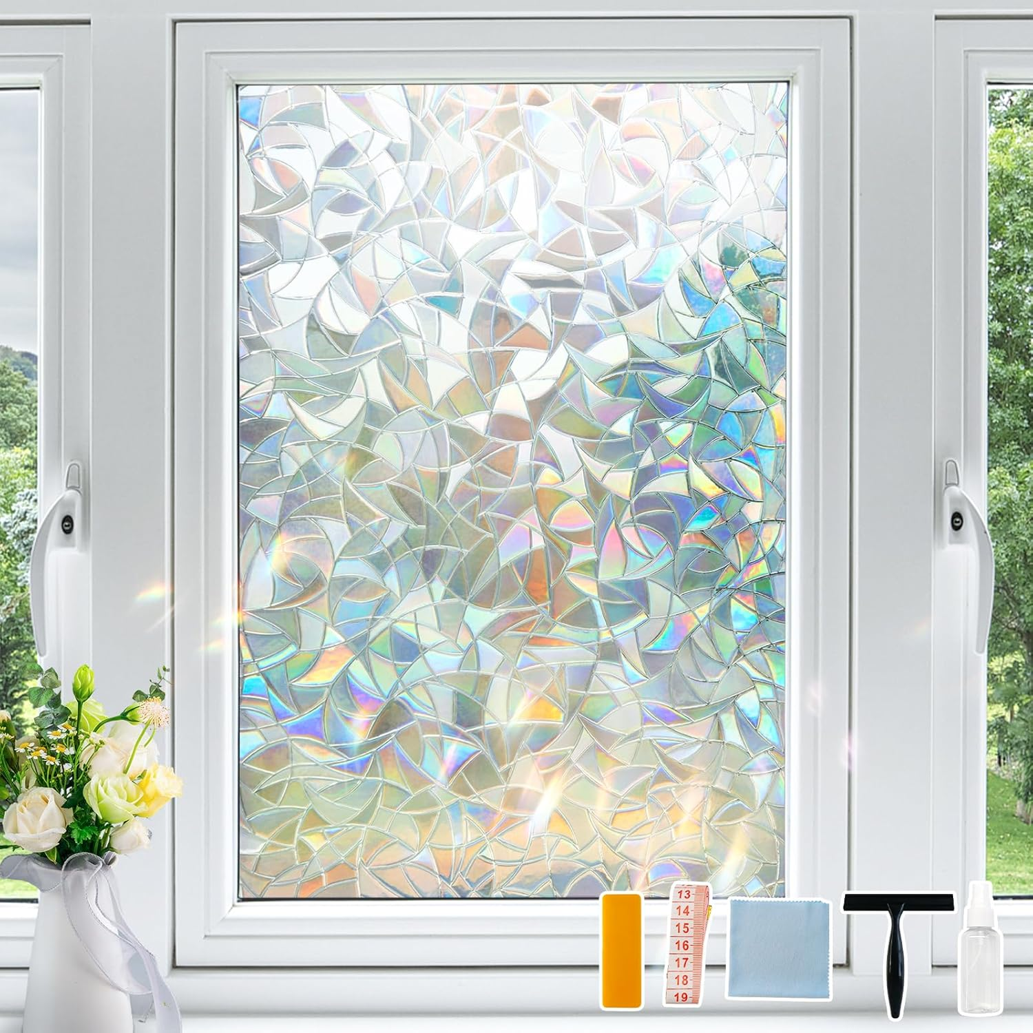 KAFUTER Rainbow Window Privacy Film Decorative, Stained Glass Window Tint for Home, 3D Decals Window Clings for Glass Windows, Static Cling Window Stickers Suncatcher Cover(Rainbow, 90X200Cm)