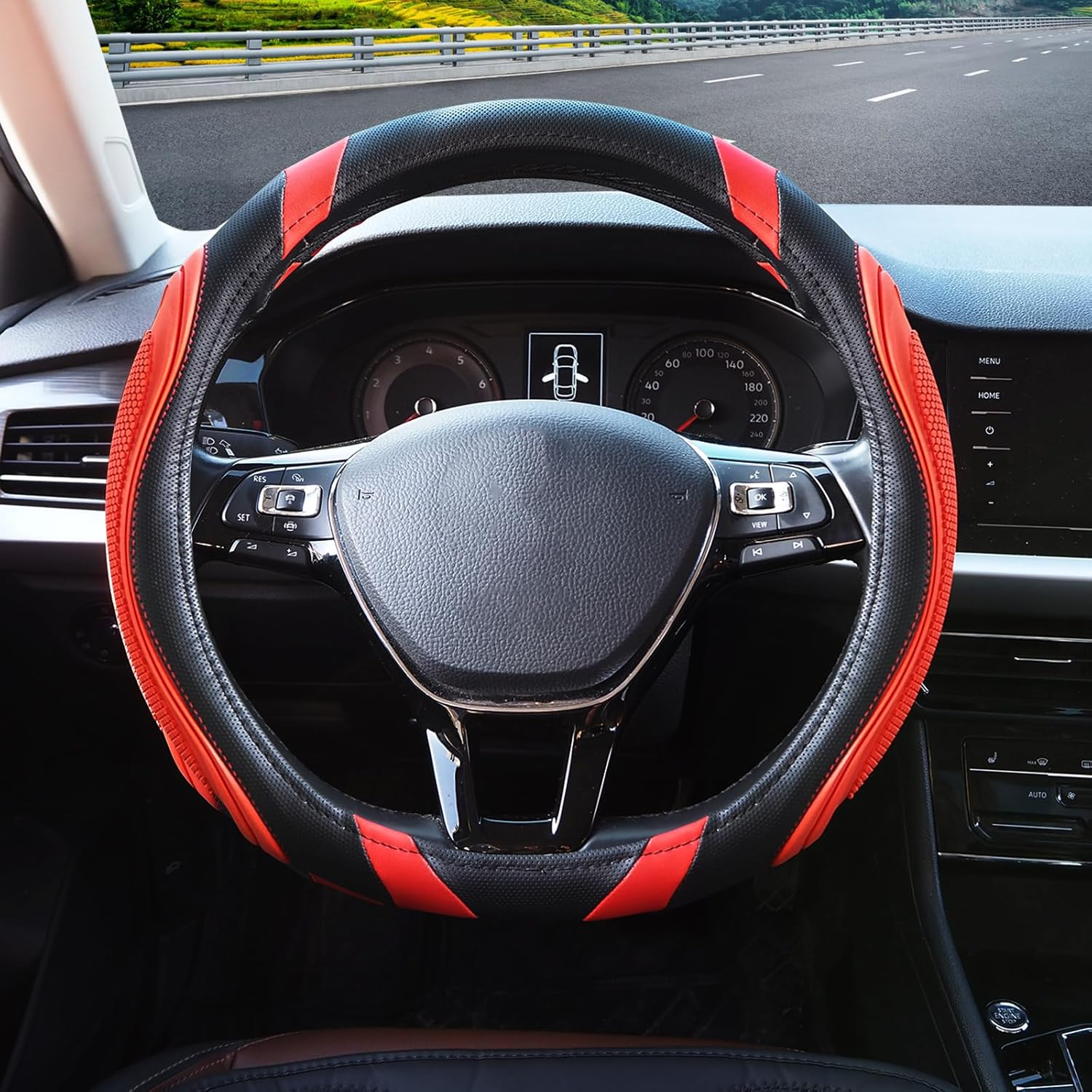 Nappa Leather Car Steering Wheel Cover, anti Slip, Thin, Breathable, Odor-Free, Universal 14.5-15 Inches Fit, Car Steering Wheel Cover Full Surround Aeecssories (Red-Microfiber Leather) image number 6