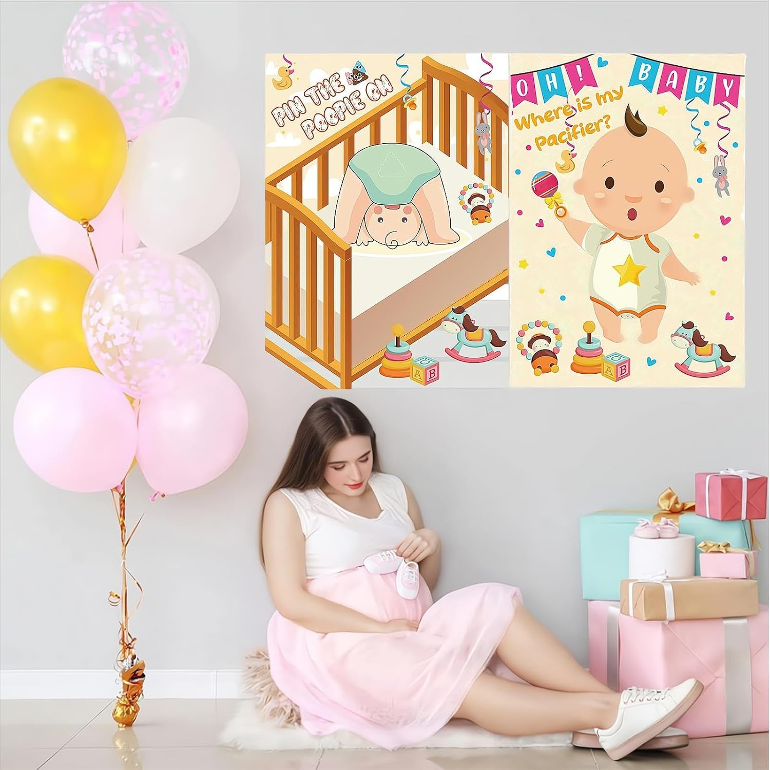 Baby Party Game Set - Fun Gender Reveal Decorations Party Supplies, Pin the Pacifier on Baby, Pin the Poop on Diaper, Cute Baby Room Theme and Eye Mask Game, Baptism/Poop Activity (2 Pieces) image number 1