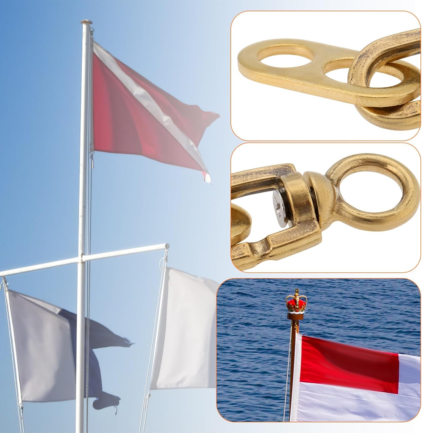 YINETTECH 2 Pcs Brass Boate Flagpole Swivels 77Mm Flag Pole Accessories for Connecting Flags Flag Pole Mounting Ring Clips Gold image number 1